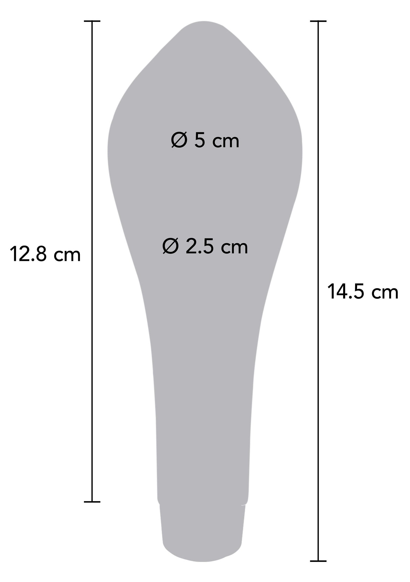 Schéma de dimensions d'un accessoire. Hauteur : 12.8 cm et 14.5 cm. Diamètre : 2.5 cm et 5 cm. Idéal pour visualiser la taille du produit.; Afmetingen schema van een accessoire. Hoogte: 12.8 cm en 14.5 cm. Diameter: 2.5 cm en 5 cm. Ideaal om de grootte van het product te bekijken.; Dimensions diagram of an accessory. Height: 12.8 cm and 14.5 cm. Diameter: 2.5 cm and 5 cm. Ideal for viewing the size of the product.