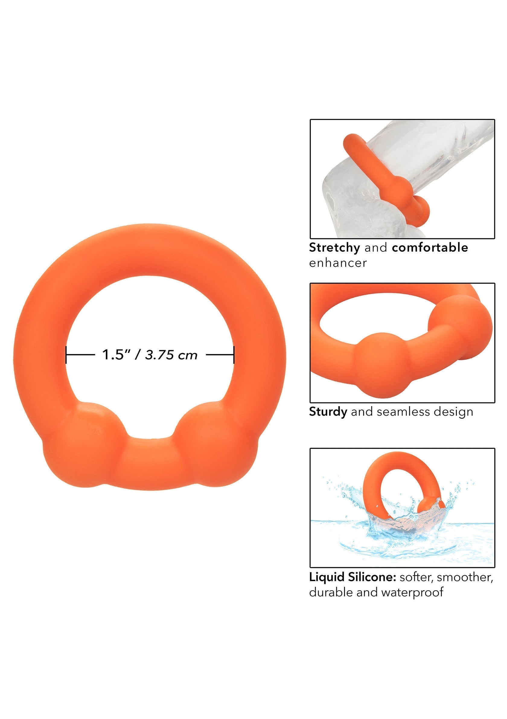 Anneau pénien vibrant orange en silicone liquide : extensible, confortable, durable et étanche.; Oranje vibrerende penisring van vloeibare siliconen: rekbaar, comfortabel, duurzaam en waterdicht.; Orange liquid silicone vibrating cock ring: stretchy, comfortable, durable, and waterproof.