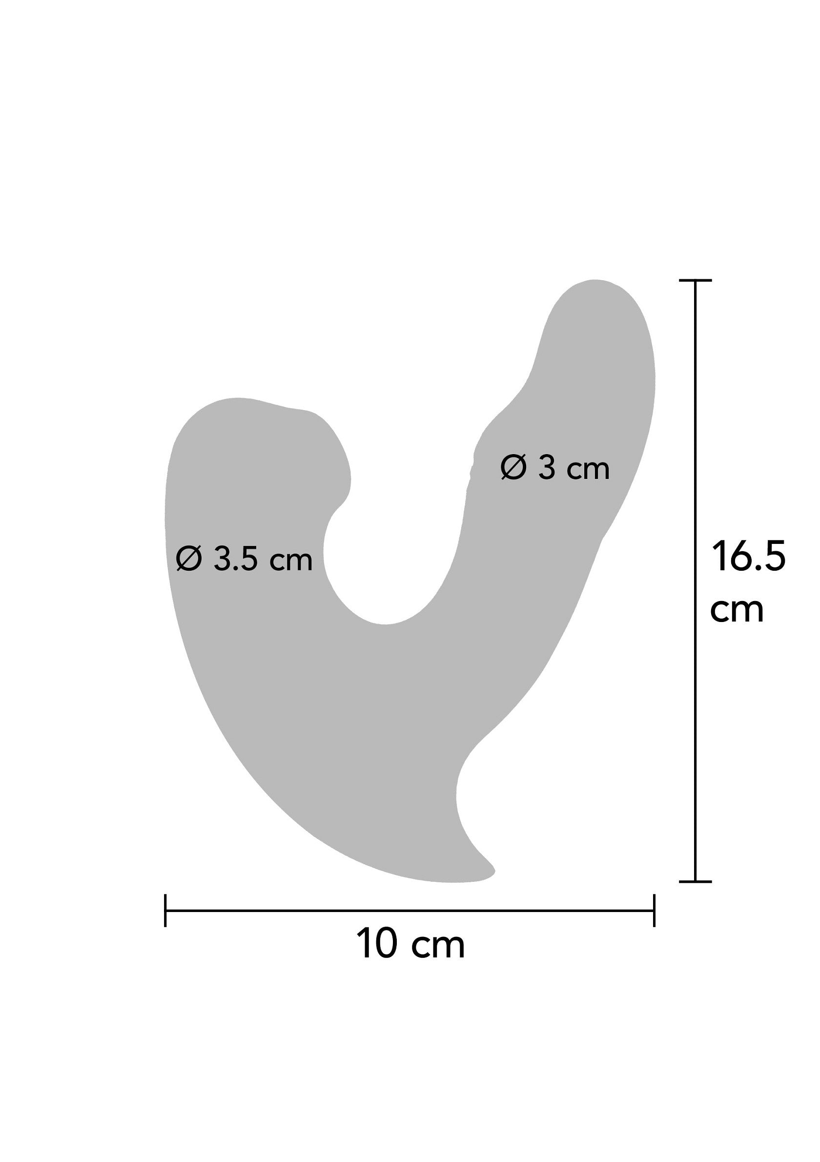 Dimensions d'un accessoire de stimulation érotique. Taille : 16.5 x 10 cm. Diamètre des orifices : 3 cm et 3.5 cm.; Afmetingen van een erotisch stimulatieaccessoire. Afmetingen: 16.5 x 10 cm. Diameter van de openingen: 3 cm en 3.5 cm.; Dimensions of an erotic stimulation accessory. Size: 16.5 x 10 cm. Diameter of the orifices: 3 cm and 3.5 cm.