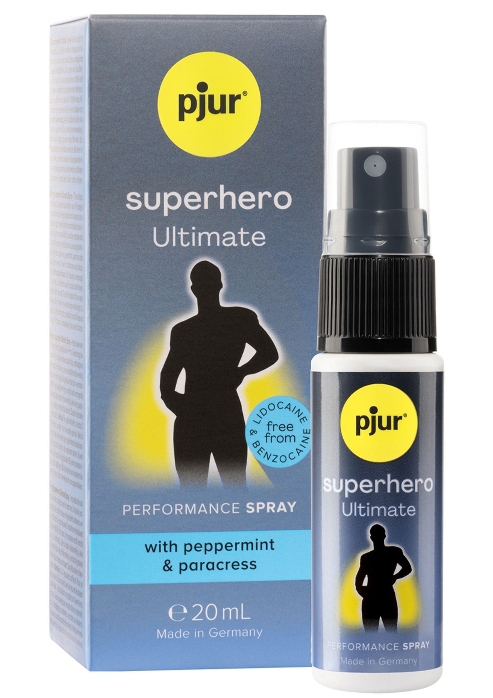 pjur superhero ultimate spray retardant pour hommes, 20ml, avec menthe poivrée et cresson; pjur superhero ultimate vertragingsspray voor mannen, 20ml, met pepermunt en waterkers; pjur superhero ultimate desensitizing spray for men, 20ml, with peppermint and paracress
