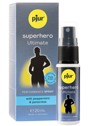 pjur superhero ultimate spray retardant pour hommes, 20ml, avec menthe poivrée et cresson; pjur superhero ultimate vertragingsspray voor mannen, 20ml, met pepermunt en waterkers; pjur superhero ultimate desensitizing spray for men, 20ml, with peppermint and paracress