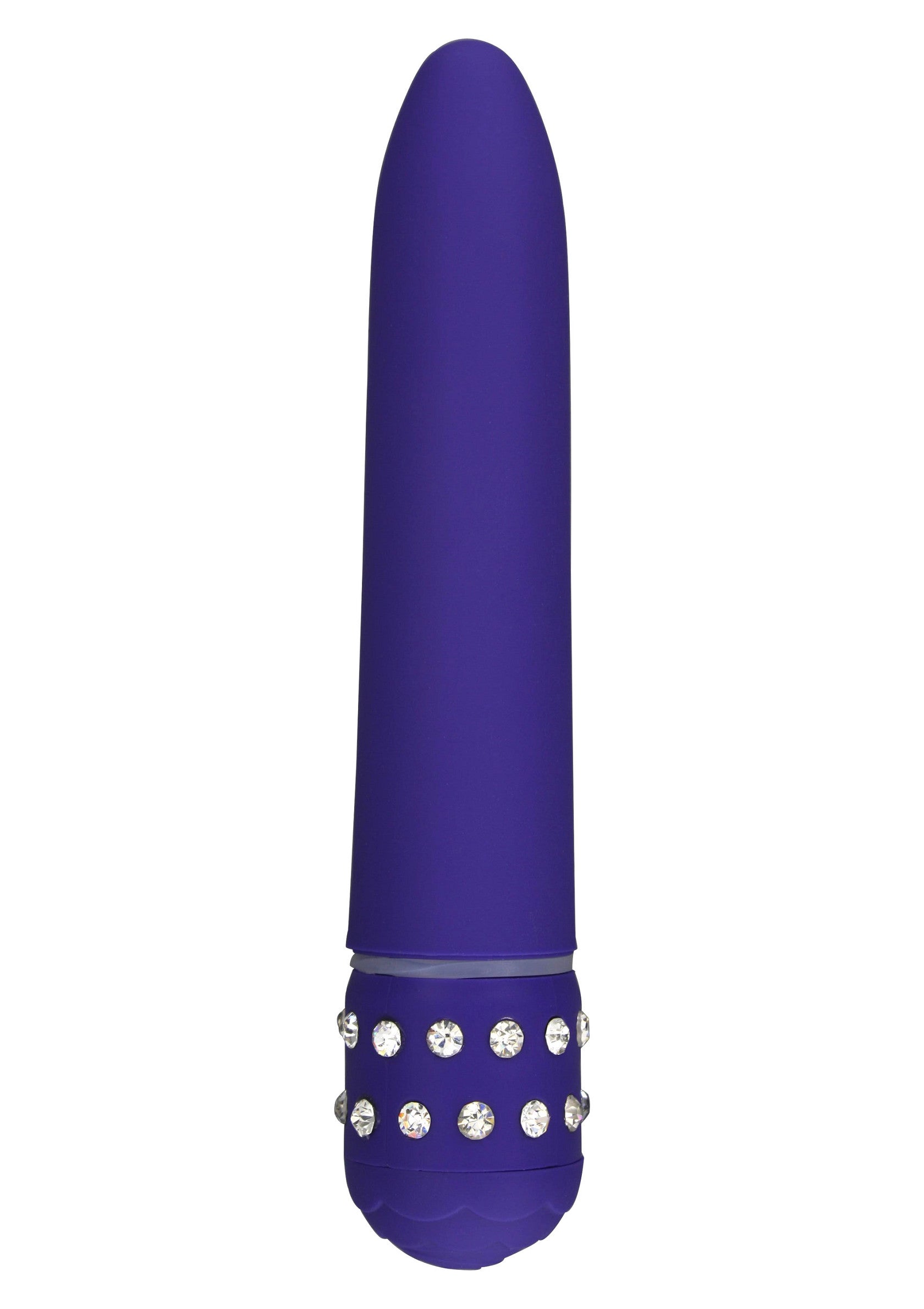 Vibromasseur violet élégant avec détails en strass pour une stimulation intense.; Elegante paarse vibrator met strass details voor intense stimulatie.; Stylish purple vibrator with rhinestone details for intense stimulation.