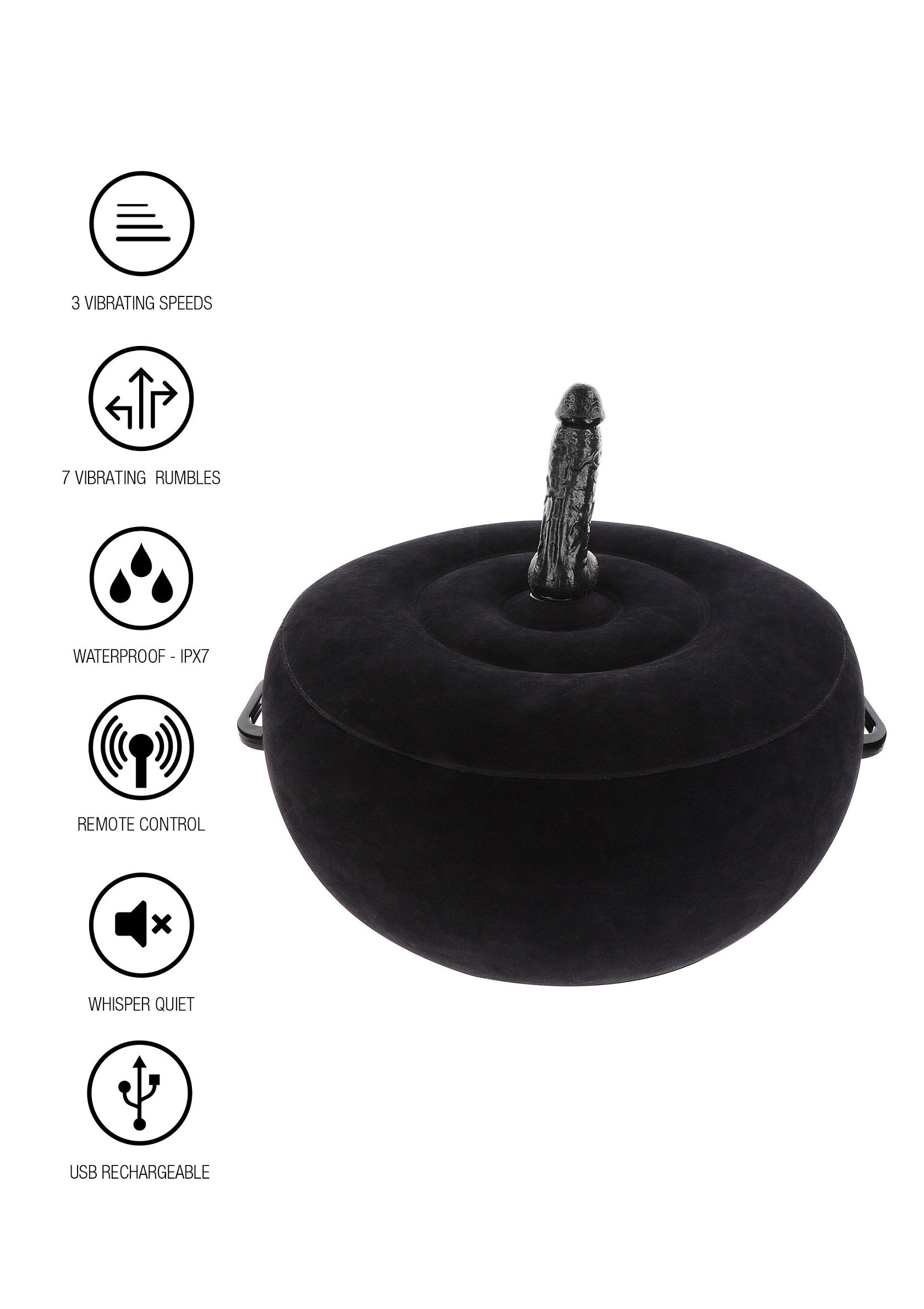 Coussin vibrant noir télécommandé, étanche IPX7, avec 3 vitesses et 7 modes de vibration. Rechargeable USB.; Zwart trilkussen met afstandsbediening, IPX7 waterdicht, met 3 snelheden en 7 trilstanden. USB oplaadbaar.; Black vibrating pillow with remote, IPX7 waterproof, with 3 speeds & 7 vibration patterns. USB rechargeable.