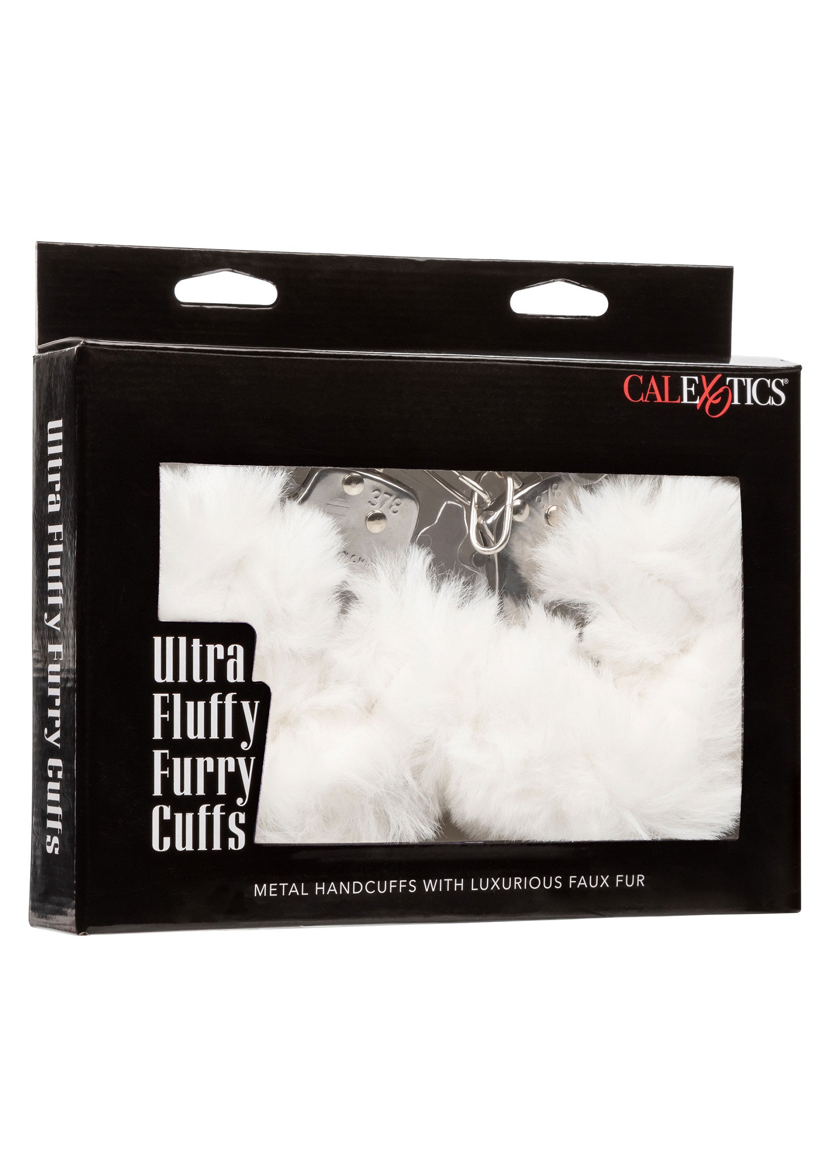 Menottes en métal CalExotics Ultra Fluffy Furry Cuffs avec fourrure synthétique luxueuse. Accessoires coquins pour adultes.; CalExotics Ultra Fluffy Furry Cuffs metalen handboeien met luxe imitatiebont. Speelse accessoires voor volwassenen.; CalExotics Ultra Fluffy Furry Cuffs metal handcuffs with luxurious faux fur. Playful adult accessories.