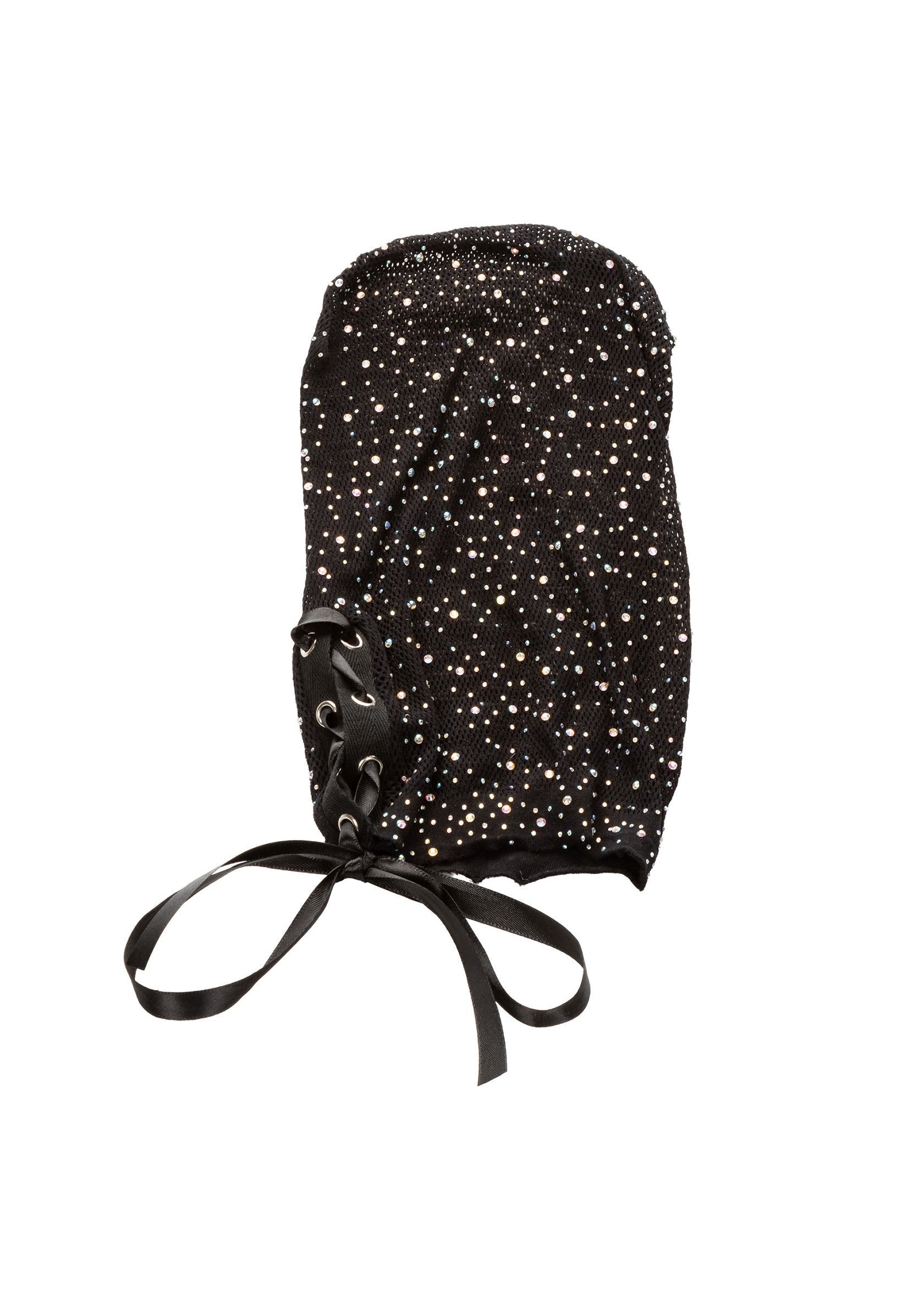 Cagoule noire à pois brillants et lacets décoratifs pour un style unique et tendance.; Zwarte bivakmuts met glinsterende stippen en decoratieve veters voor een unieke en trendy stijl.; Black balaclava with sparkly dots and decorative laces for a unique and trendy style.