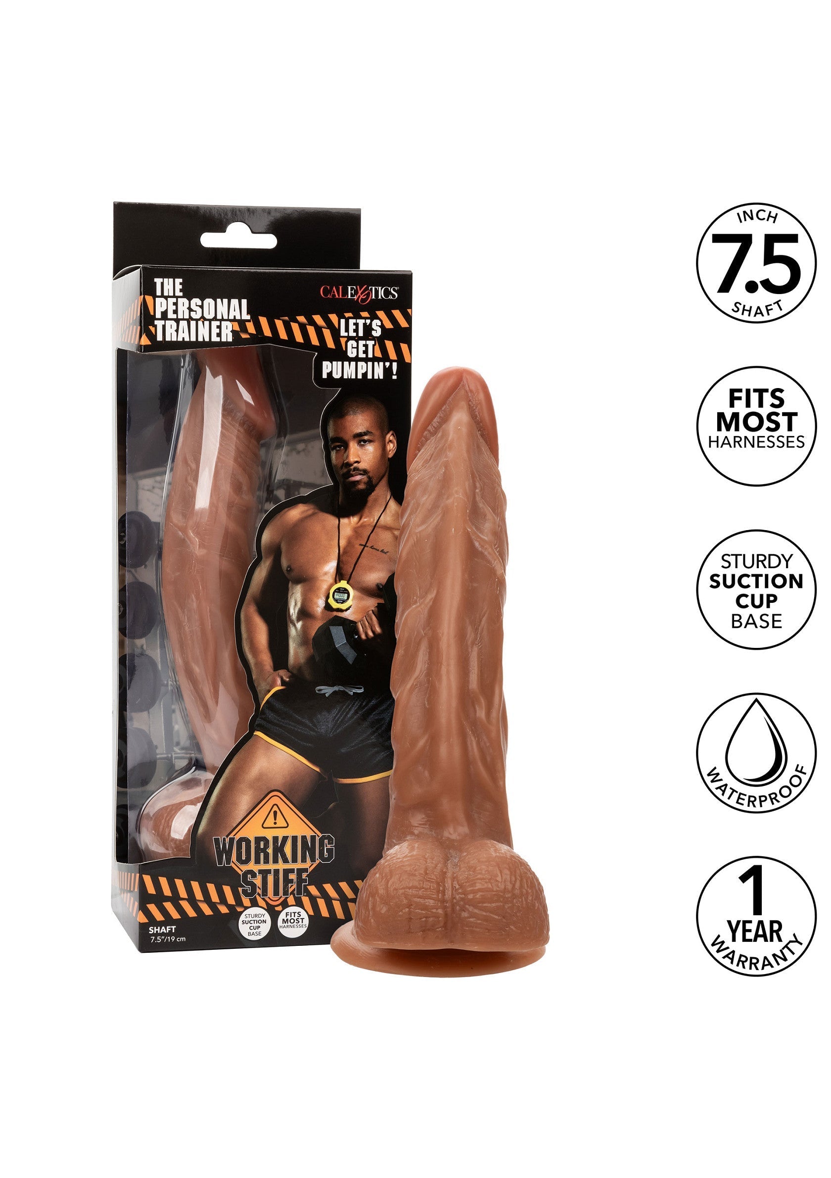 The Personal Trainer CalExotics : gode réaliste, 19 cm. Pour des entraînements intenses !; The Personal Trainer CalExotics: realistische dildo, 19 cm. Voor intensieve workouts!; The Personal Trainer CalExotics: Realistic dildo, 7.5 inch. For intense workouts!