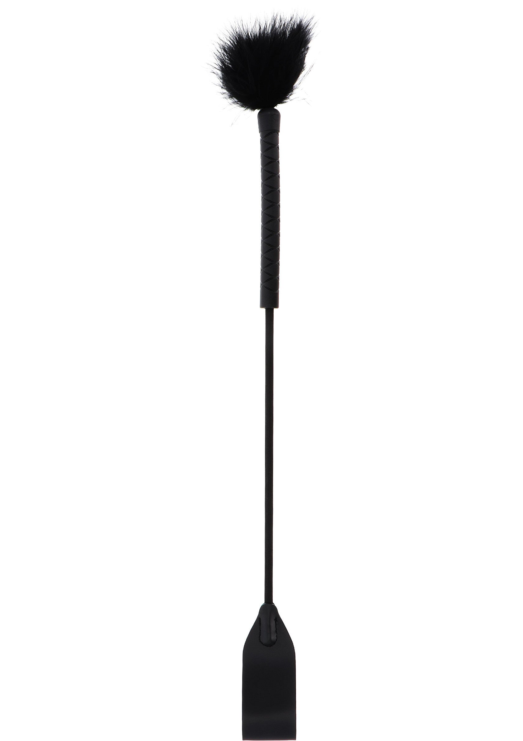 Cravache noire avec pompon en fourrure. Accessoire érotique pour pimenter vos jeux coquins.; Zwarte zweep met bont pompon. Erotisch accessoire om je stoutste spelletjes mee op te fleuren.; Black flogger with fur pompom. Erotic accessory to spice up your kinky games.