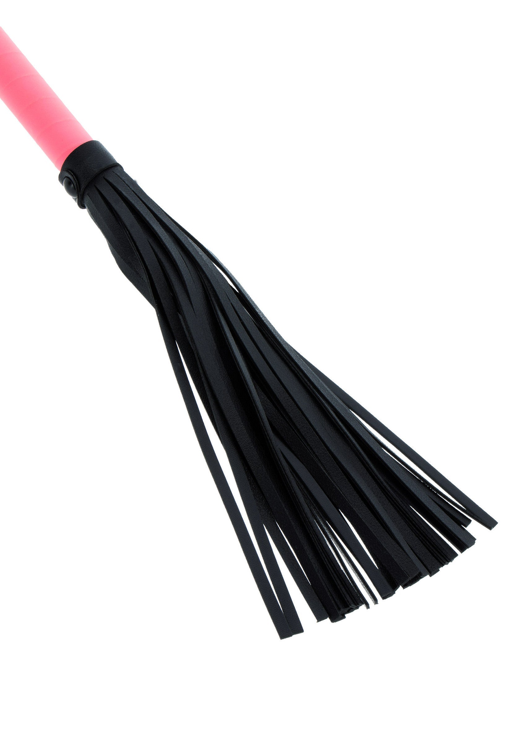Cravache noire avec manche rose, idéale pour les jeux de rôle et le plaisir.; Zwarte zweep met roze handvat, ideaal voor rollenspellen en plezier.; Black flogger with pink handle, perfect for role play and pleasure.