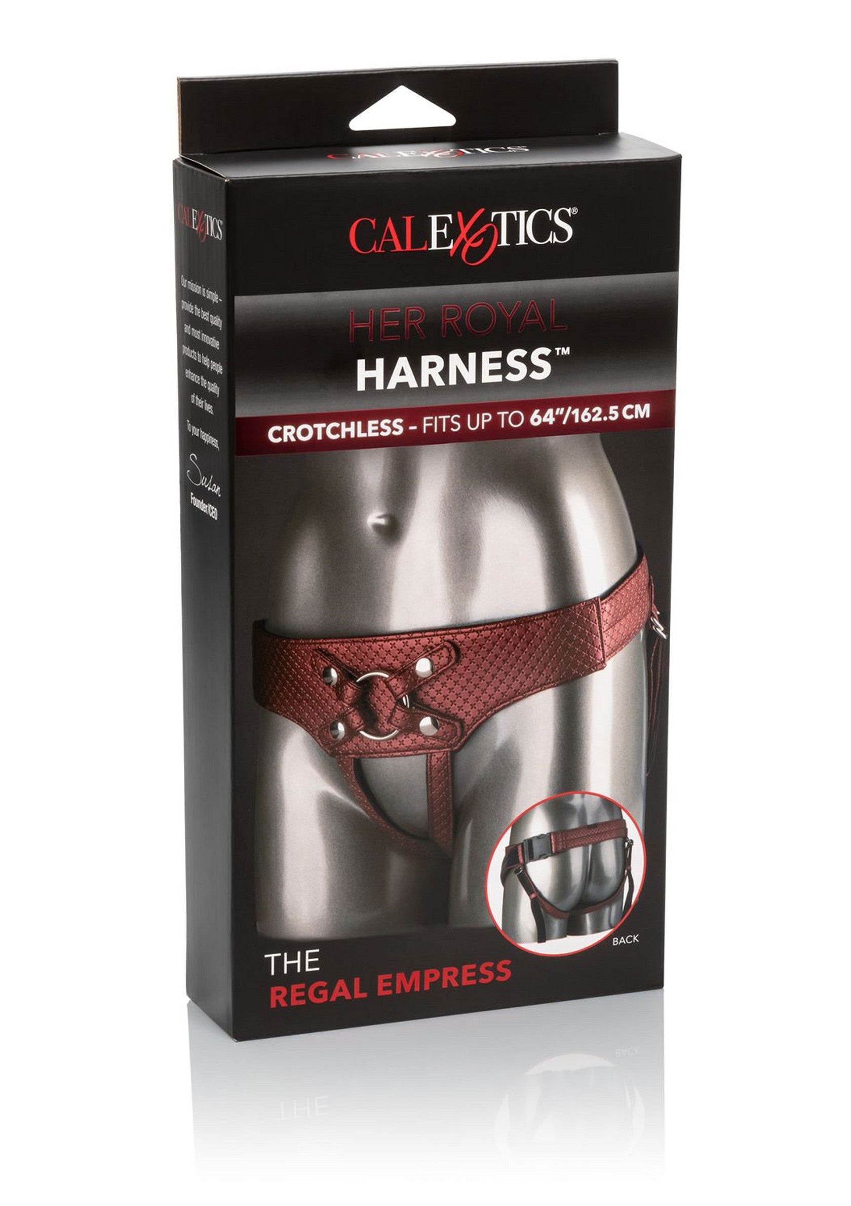 Harnais "Her Royal Harness" de CalExotics. Harnais crotchless, convient jusqu'à 162,5 cm. Lingerie érotique pour femmes.; CalExotics "Her Royal Harness". Crotchless harnas, geschikt tot 162,5 cm. Erotische lingerie voor dames.; CalExotics "Her Royal Harness". Crotchless harness, fits up to 64"/162.5 cm. Erotic lingerie for women.