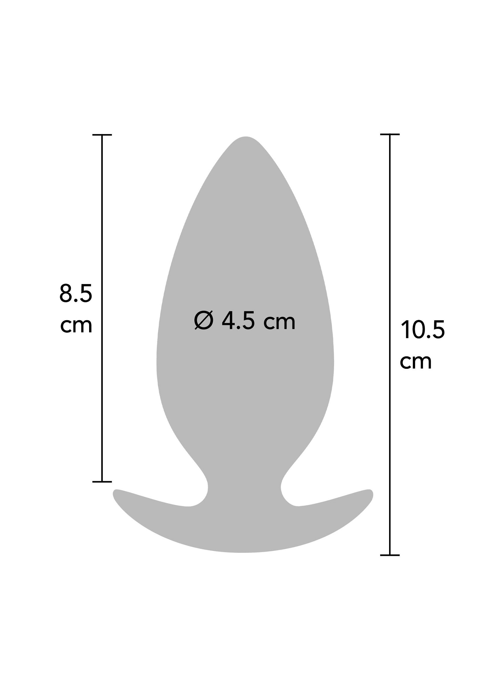 Schéma d'un plug anal avec dimensions : diamètre 4.5cm, longueurs 8.5cm et 10.5cm.; Diagram van een anale plug met afmetingen: diameter 4.5cm, lengtes 8.5cm en 10.5cm.; Diagram of an anal plug with dimensions: diameter 4.5cm, lengths 8.5cm and 10.5cm.