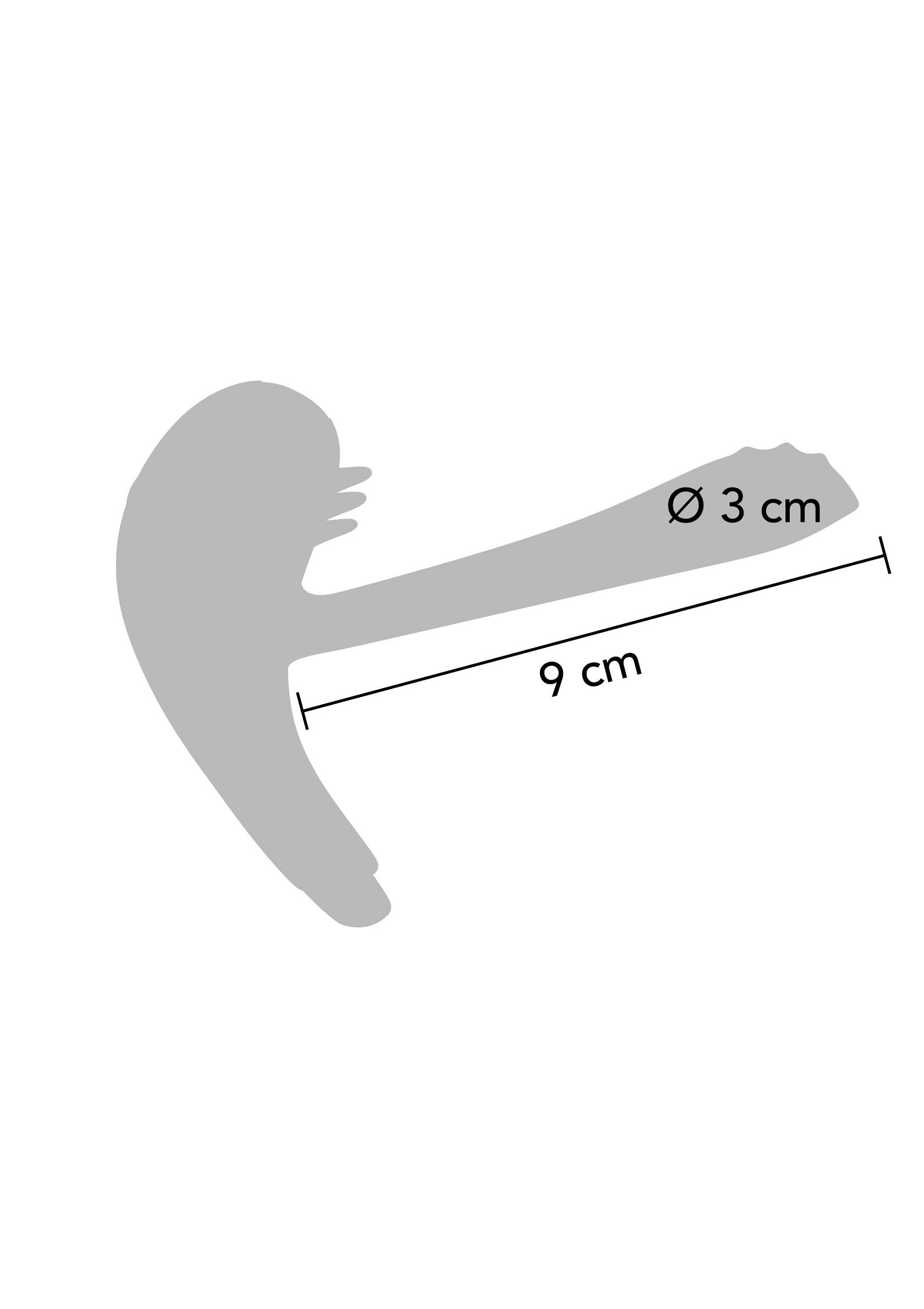 Silhouette grise avec dimensions : 9 cm de long et 3 cm de diamètre.; Grijze silhouet met afmetingen: 9 cm lang en 3 cm diameter.; Gray silhouette with dimensions: 9 cm long and 3 cm in diameter.