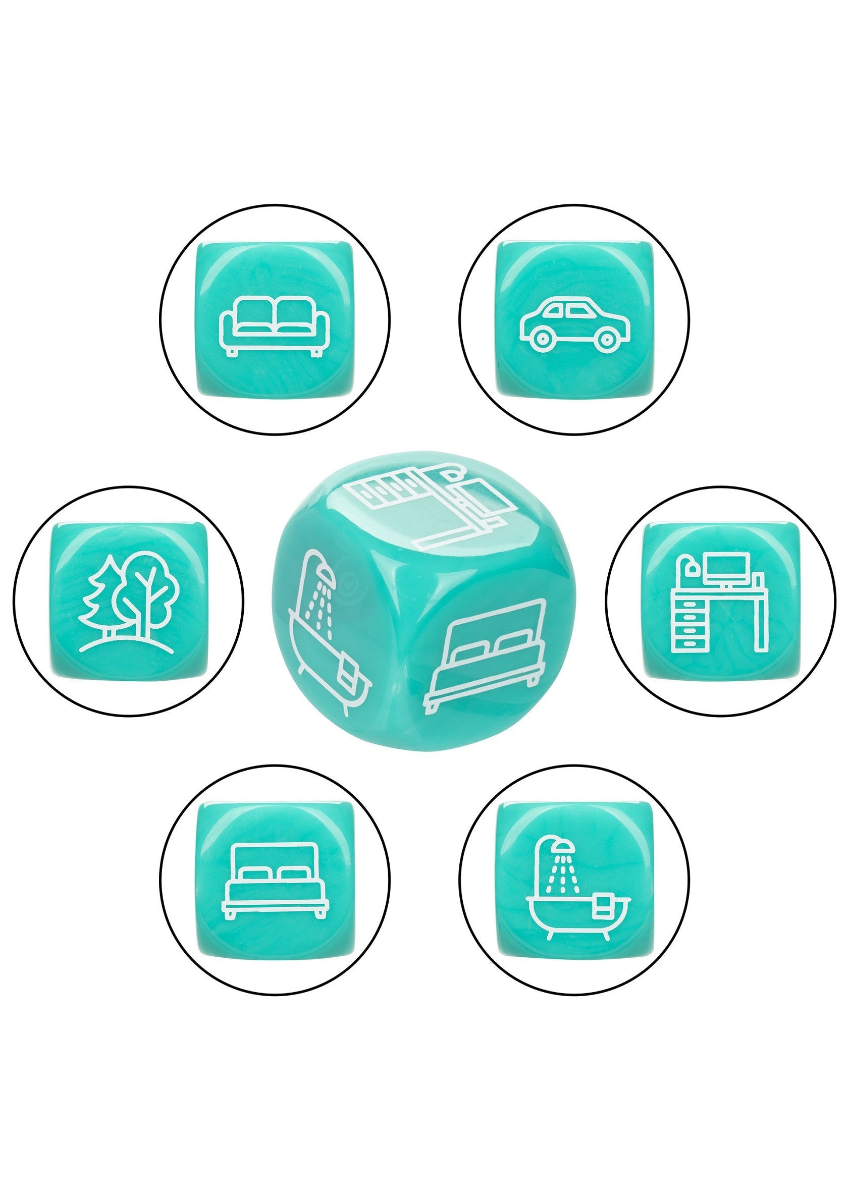 Jeu de dés turquoise avec symboles : lit, bain, canapé, bureau, voiture et arbres. Idéal pour la créativité et l'aménagement intérieur.; Turkooizen dobbelstenen set met symbolen: bed, bad, bank, bureau, auto en bomen. Ideaal voor creativiteit en interieurontwerp.; Teal dice set with symbols: bed, bath, sofa, desk, car, and trees. Great for creativity & interior design. Home decor accessory.