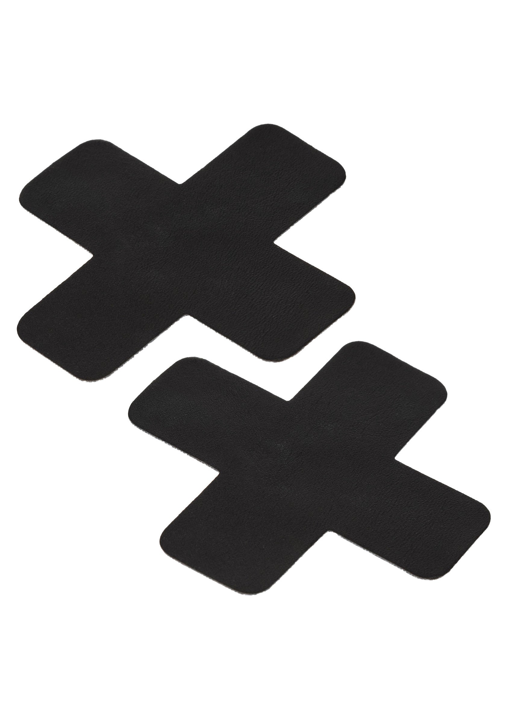 Cache-tétons en forme de croix noires pour une touche audacieuse et sexy.; Zwarte kruisvormige tepelbedekkers voor een gedurfde en sexy touch.; Black cross-shaped nipple covers for a bold and sexy touch.