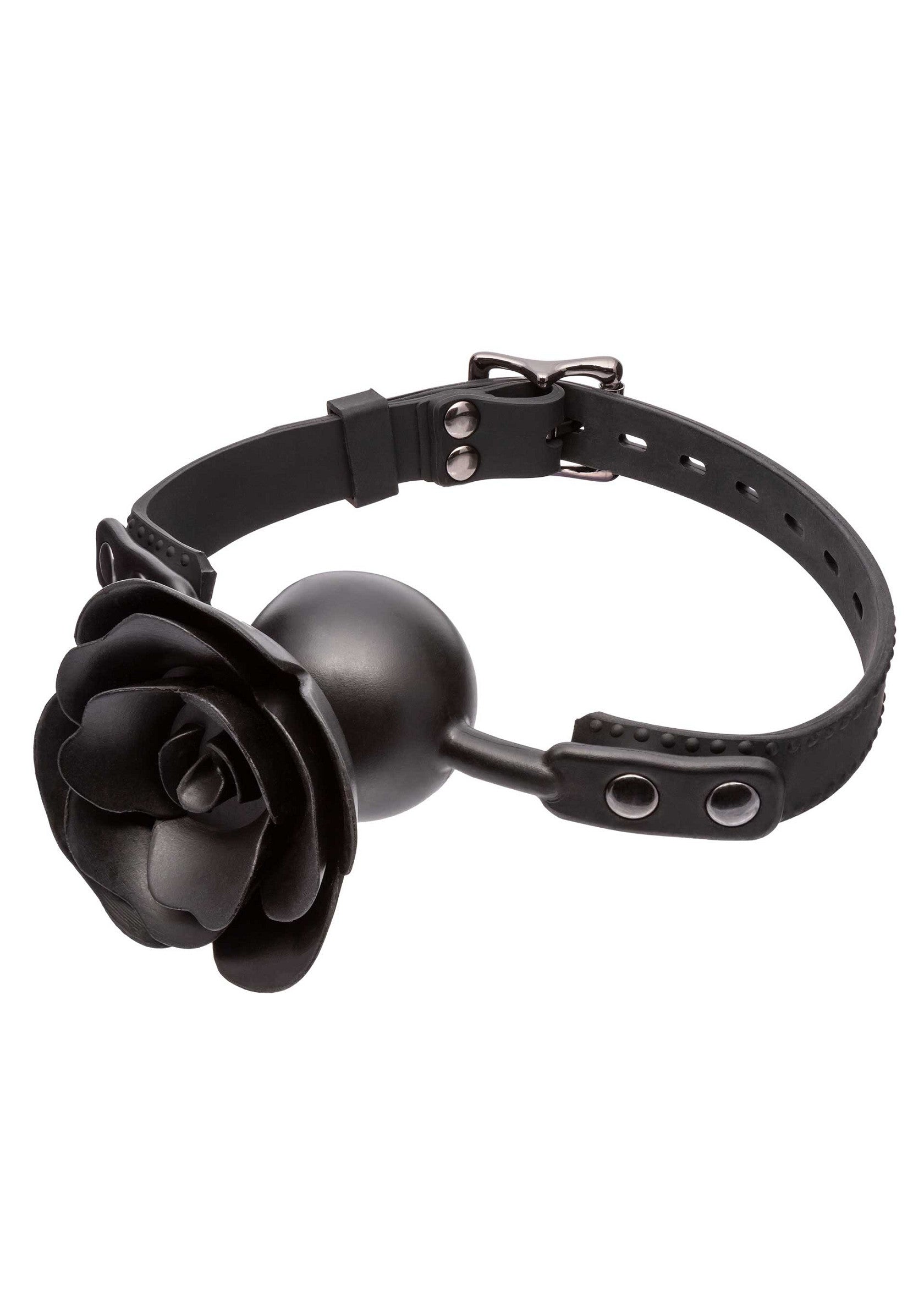 Bâillon rose noir avec sangle réglable pour un jeu de rôle sophistiqué et captivant.; Zwarte rozenbalknevel met verstelbare band voor verfijnd en boeiend rollenspel.; Black rose ball gag with adjustable strap for sophisticated and captivating role play.