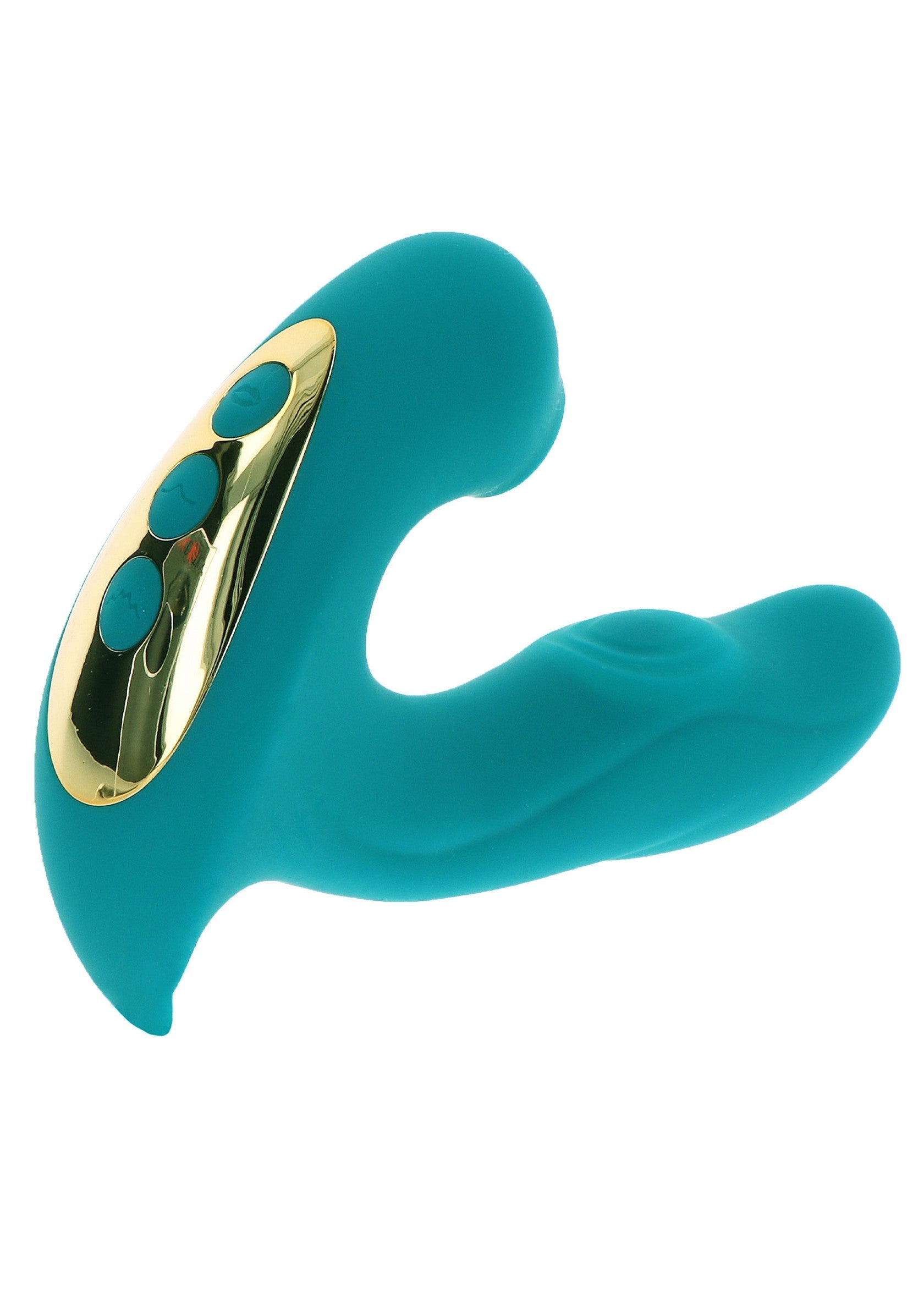 Vibromasseur bleu sarcelle avec boutons dorés pour le plaisir personnel. Découvrez le plaisir avec cet accessoire intime.; Teal vibrator met gouden knoppen voor persoonlijk genot. Ontdek plezier met dit intieme accessoire.; Teal vibrator with gold buttons for personal pleasure. Discover pleasure with this intimate accessory.