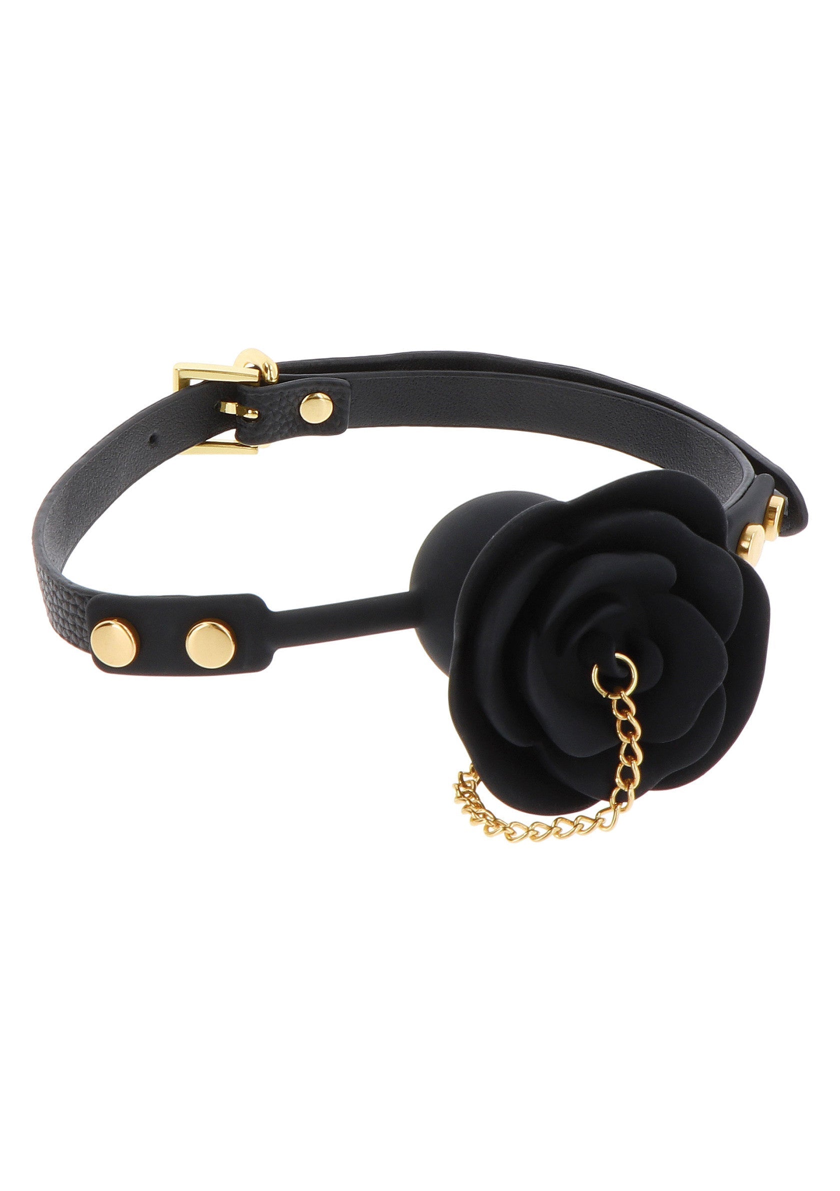 Choker noir élégant avec une rose et une chaîne dorée. Accessoire de mode sophistiqué pour un look unique.; Elegante zwarte choker met roos en gouden ketting. Een verfijnd modeaccessoire voor een unieke look.; Stylish black choker featuring a rose and gold chain. A sophisticated fashion accessory for a unique look.