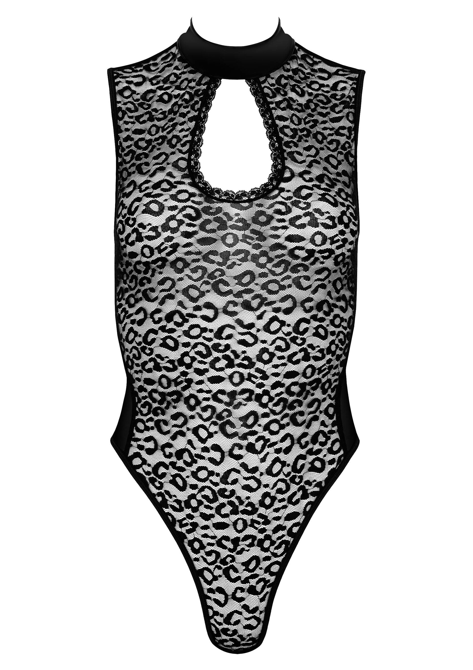 Body en dentelle léopard avec col montant et découpe en trou de serrure pour une touche séduisante.; Leopard kanten body met een hoge hals en een keyhole-cut-out voor een verleidelijke touch.; Leopard lace bodysuit with a high neckline and keyhole cutout for a seductive touch.