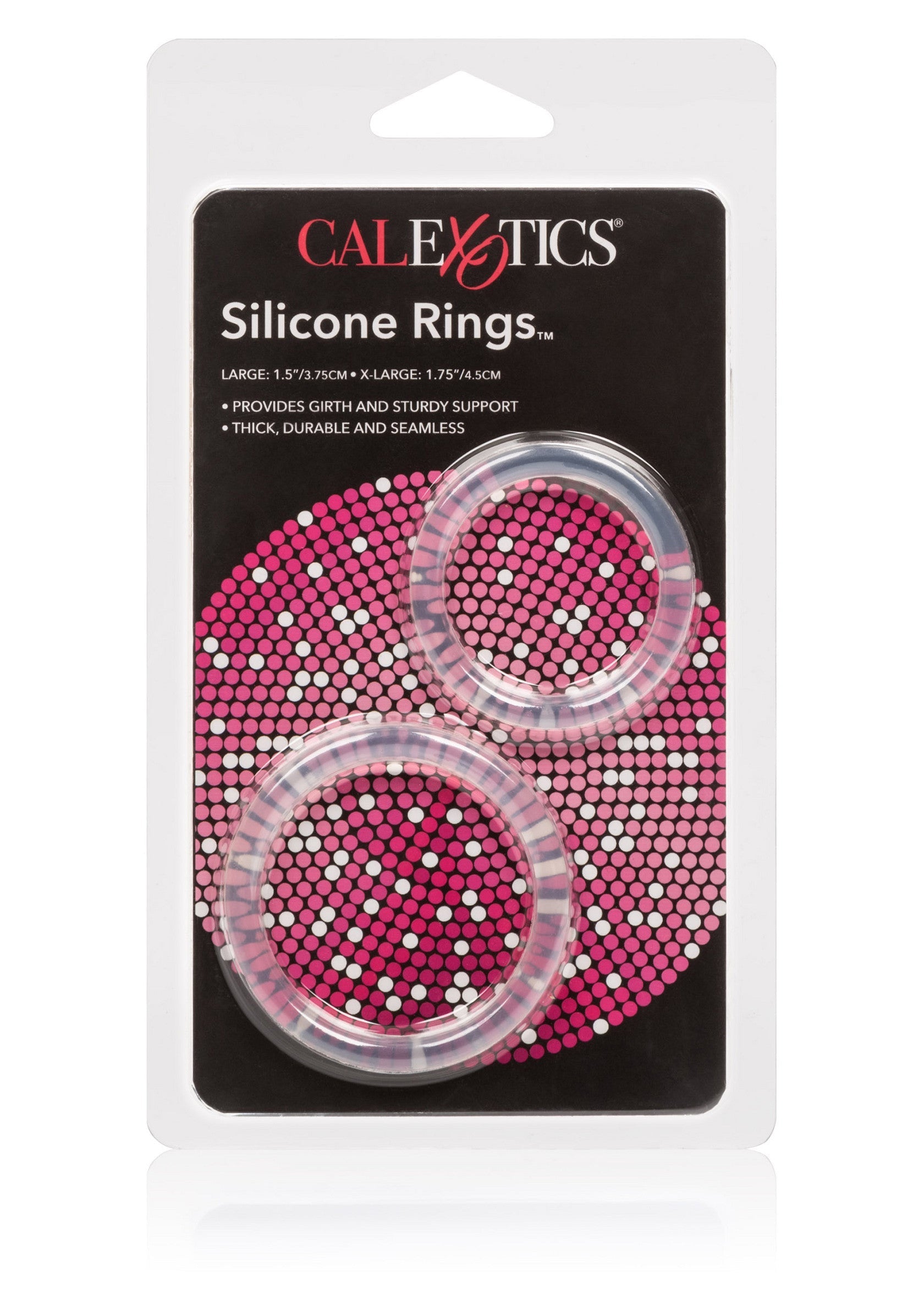 Anneaux en silicone CalExotics pour plus de confort et de plaisir. Différentes tailles disponibles.; CalExotics siliconen ringen voor meer comfort en plezier. Verschillende maten beschikbaar.; CalExotics silicone rings for enhanced comfort and pleasure. Various sizes available.