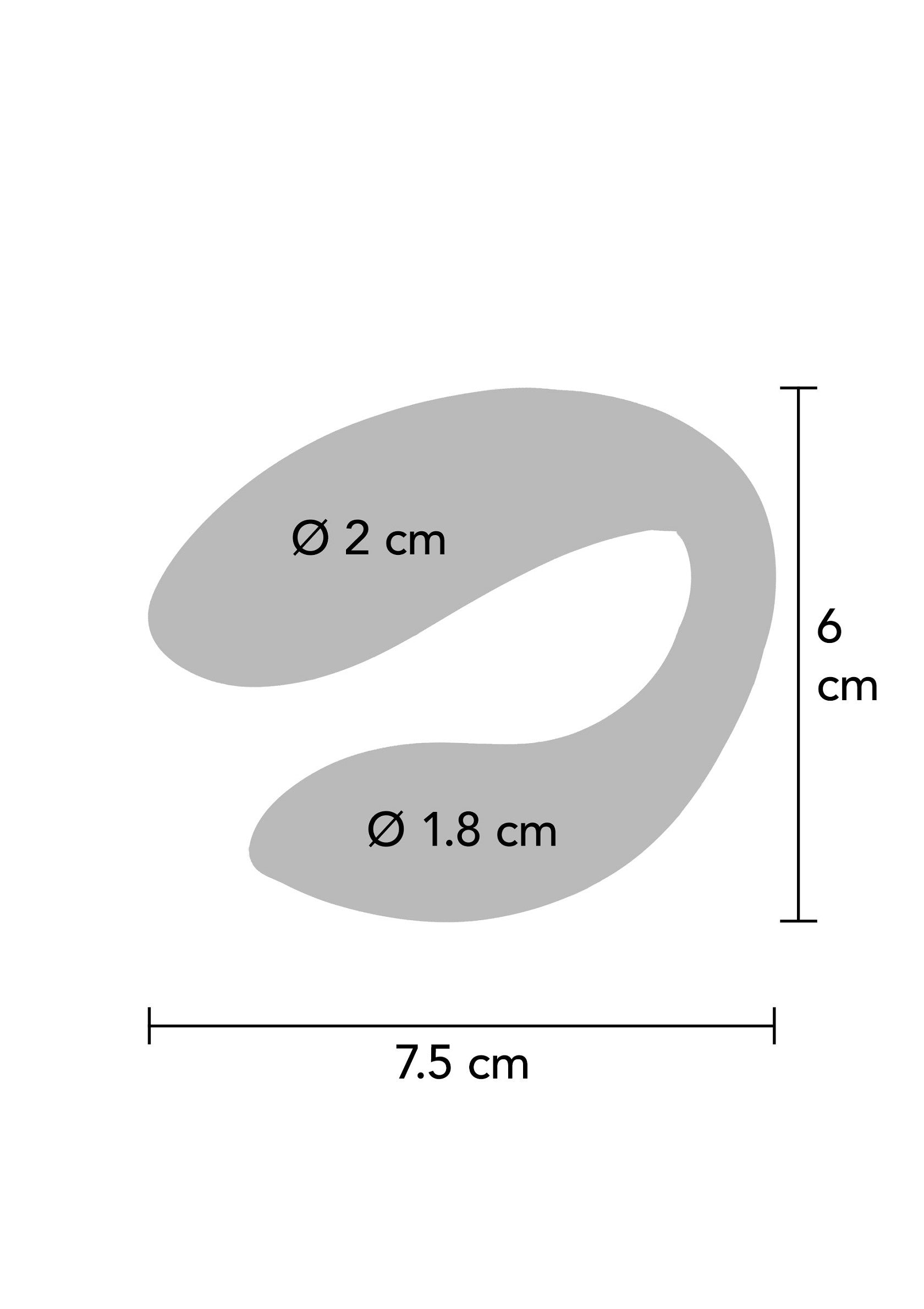 Image avec des dimensions pour un produit en forme de "U" arrondi avec des ouvertures de 2cm et 1.8cm.; Afbeelding met afmetingen van een product in de vorm van een afgeronde "U" met openingen van 2 cm en 1,8 cm.; Image with dimensions for a rounded "U" shaped product with 2cm and 1.8cm openings.