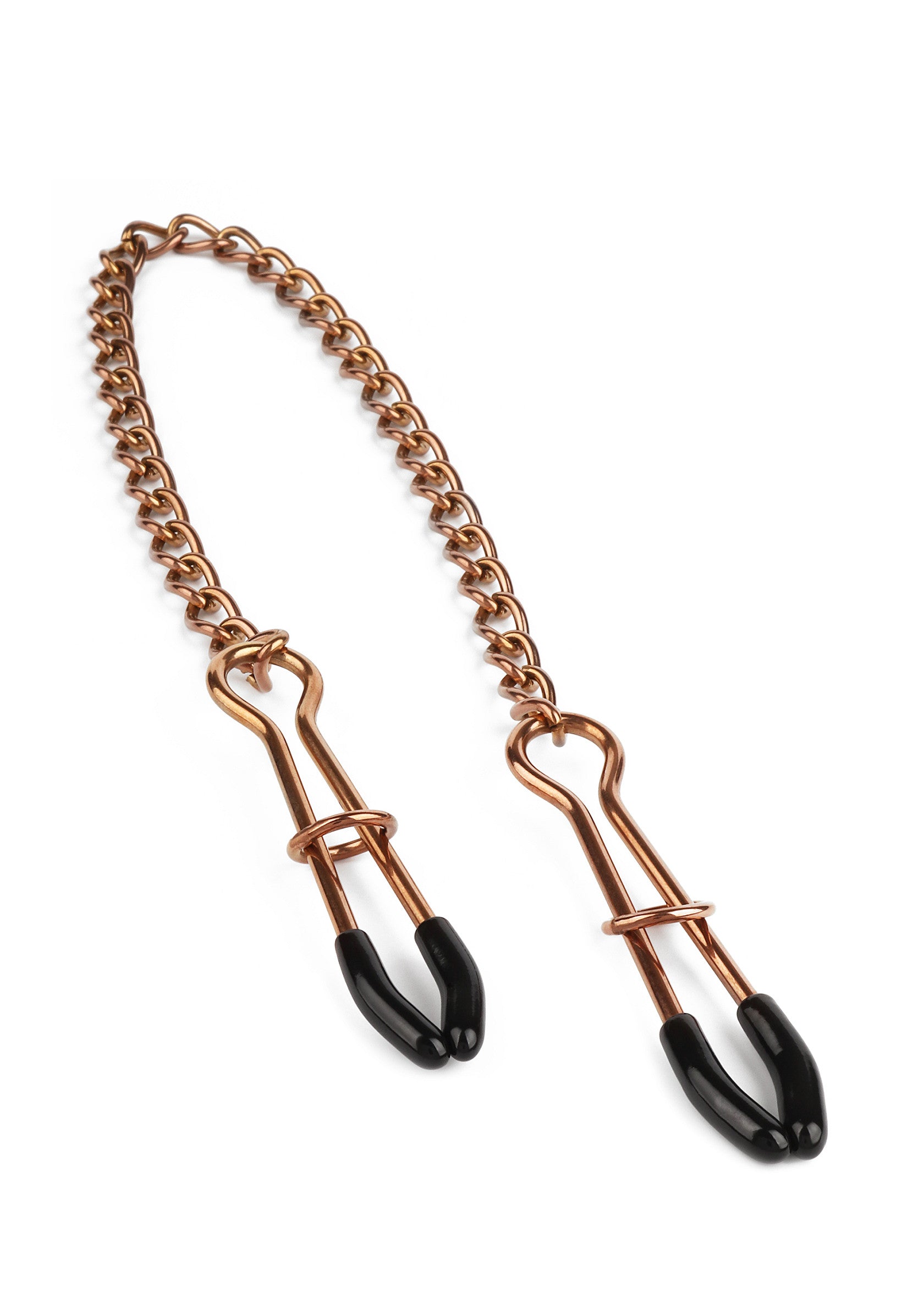 Pinces à tétons en métal avec chaîne pour jeux coquins.; Metalen tepelklemmen met ketting voor pikante spelletjes.; Metal nipple clamps with chain for kinky play.