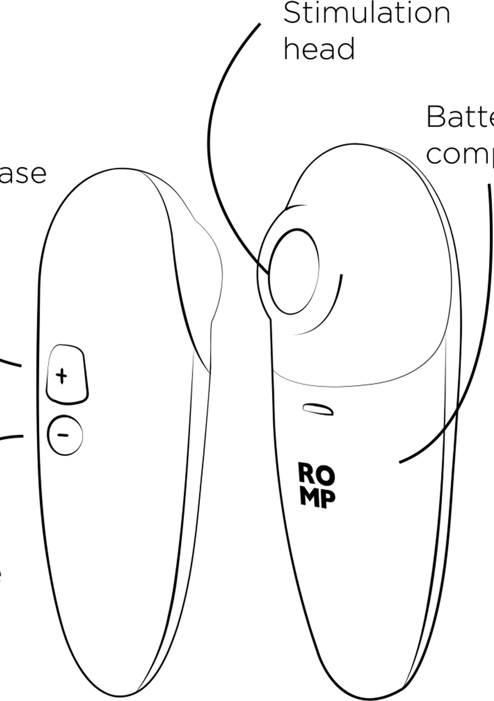 Dessin au trait d'un stimulateur clitoridien Romp pour le plaisir féminin.; Lijndiktekening van een Romp clitorisstimulator voor vrouwelijk genot.; Line drawing of a Romp clitoral stimulator for female pleasure.
