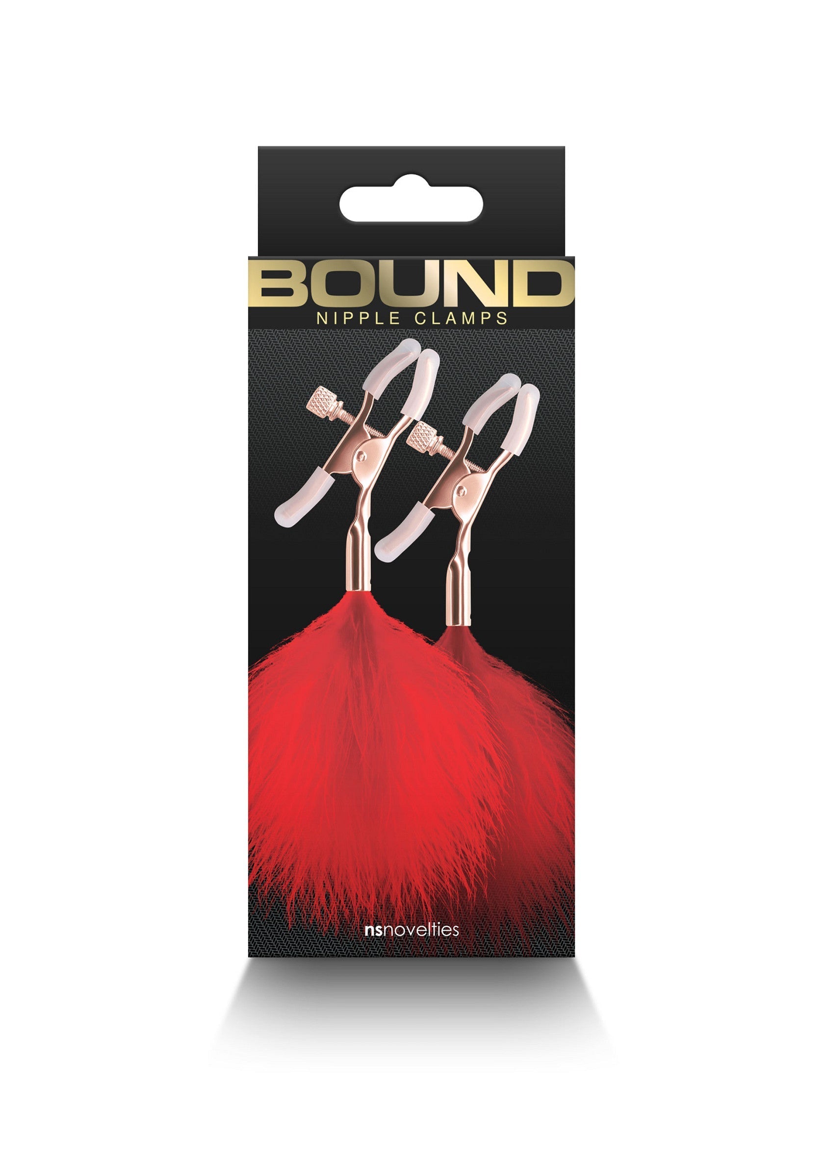 Pinces à tétons Bound avec plumes rouges. Pimentez votre vie érotique avec ces accessoires sensuels.; Bound tepelklemmen met rode veren. Prikkel je erotische leven met deze sensuele accessoires.; Bound nipple clamps with red feathers. Spice up your erotic life with these sensual accessories.