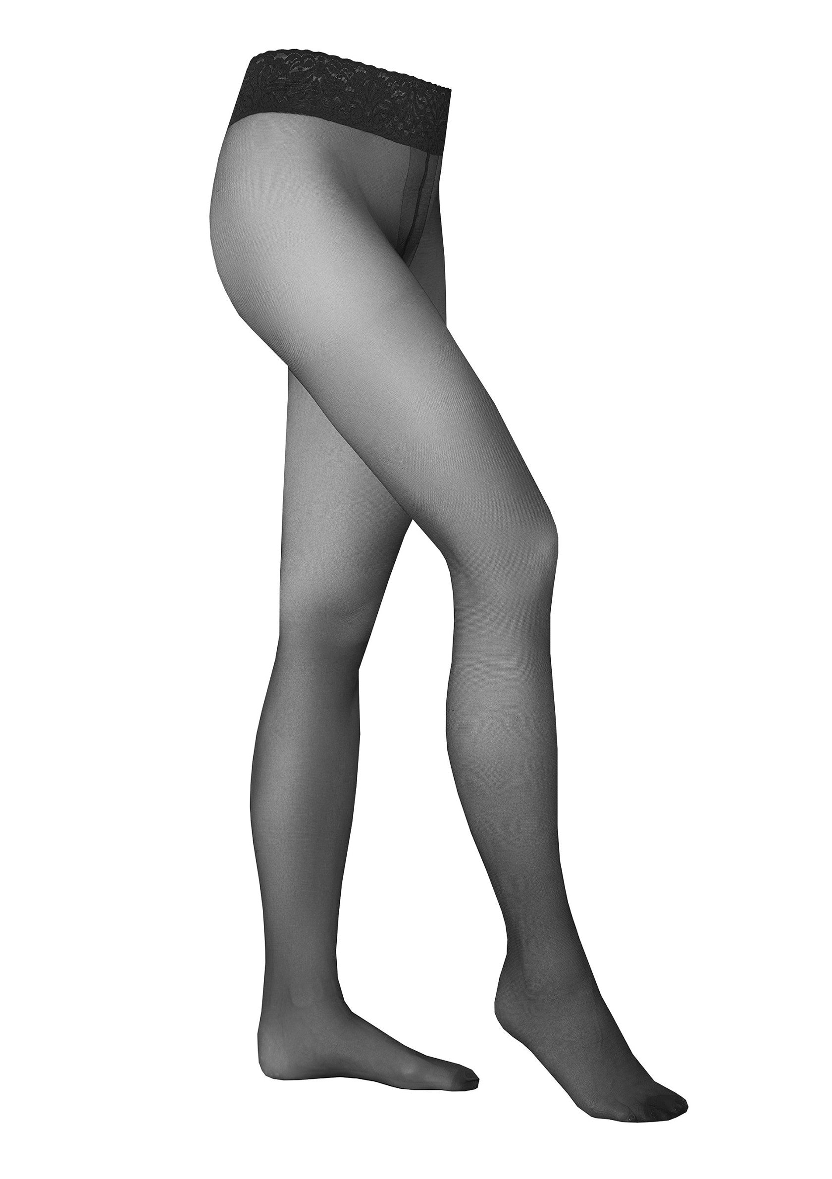 Collants noirs semi-transparents avec ceinture en dentelle. Élégance et confort.; Semi-transparante zwarte panty met kanten tailleband. Elegantie en comfort.; Semi-sheer black tights with lace waistband. Elegance and comfort.