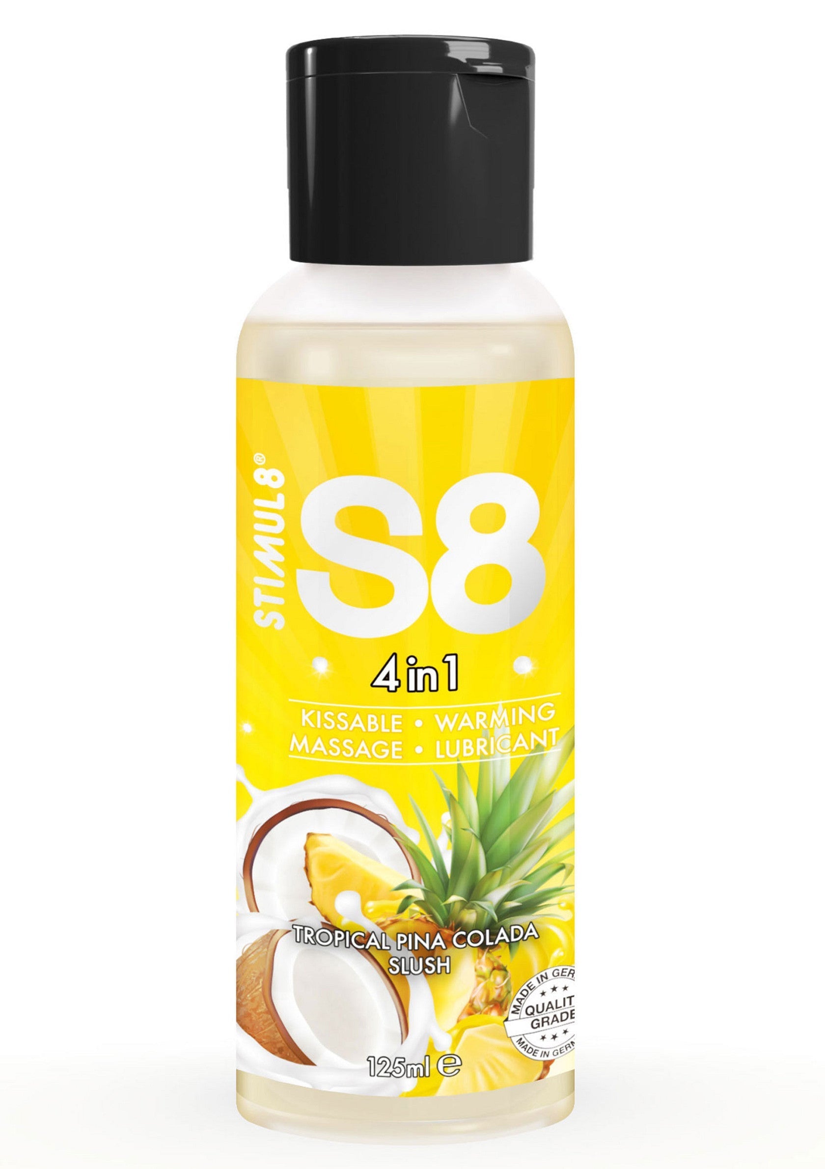 S8 Tropical Pina Colada Slush, un lubrifiant 4 en 1 pour massage et plus. Parfum exotique de coco et ananas.; S8 Tropical Pina Colada Slush, een 4-in-1 glijmiddel voor massage en meer. Exotische geur van kokosnoot en ananas.; S8 Tropical Pina Colada Slush, a 4-in-1 lubricant for massage and more. Exotic coconut and pineapple scent.