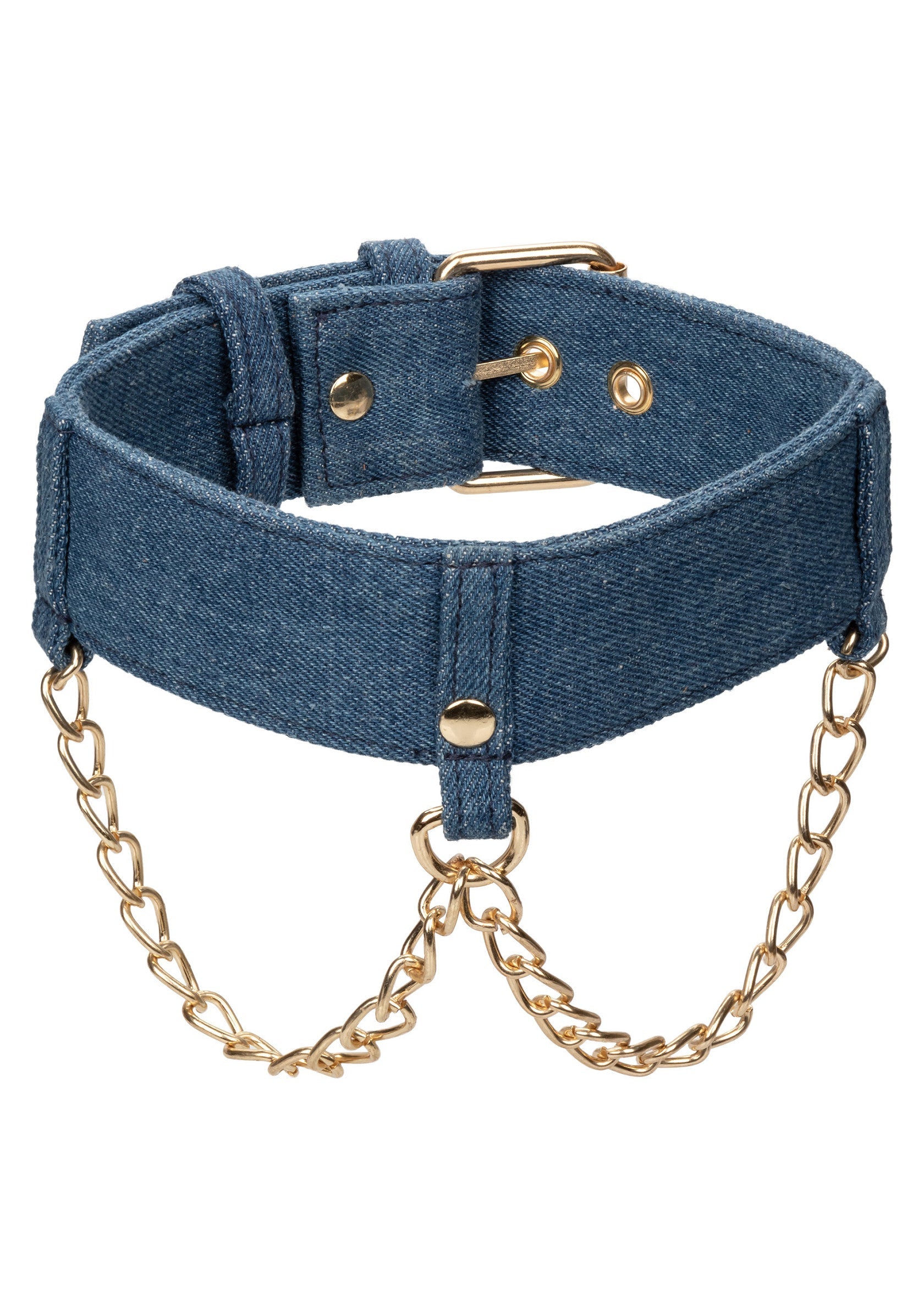 Collier en jean avec chaînes dorées. Un accessoire tendance et audacieux pour affirmer votre style.; Jeans halsband met gouden kettingen. Een trendy en gewaagd accessoire om uw stijl te tonen.; Denim collar with gold chains. A trendy and edgy accessory to show off your style.