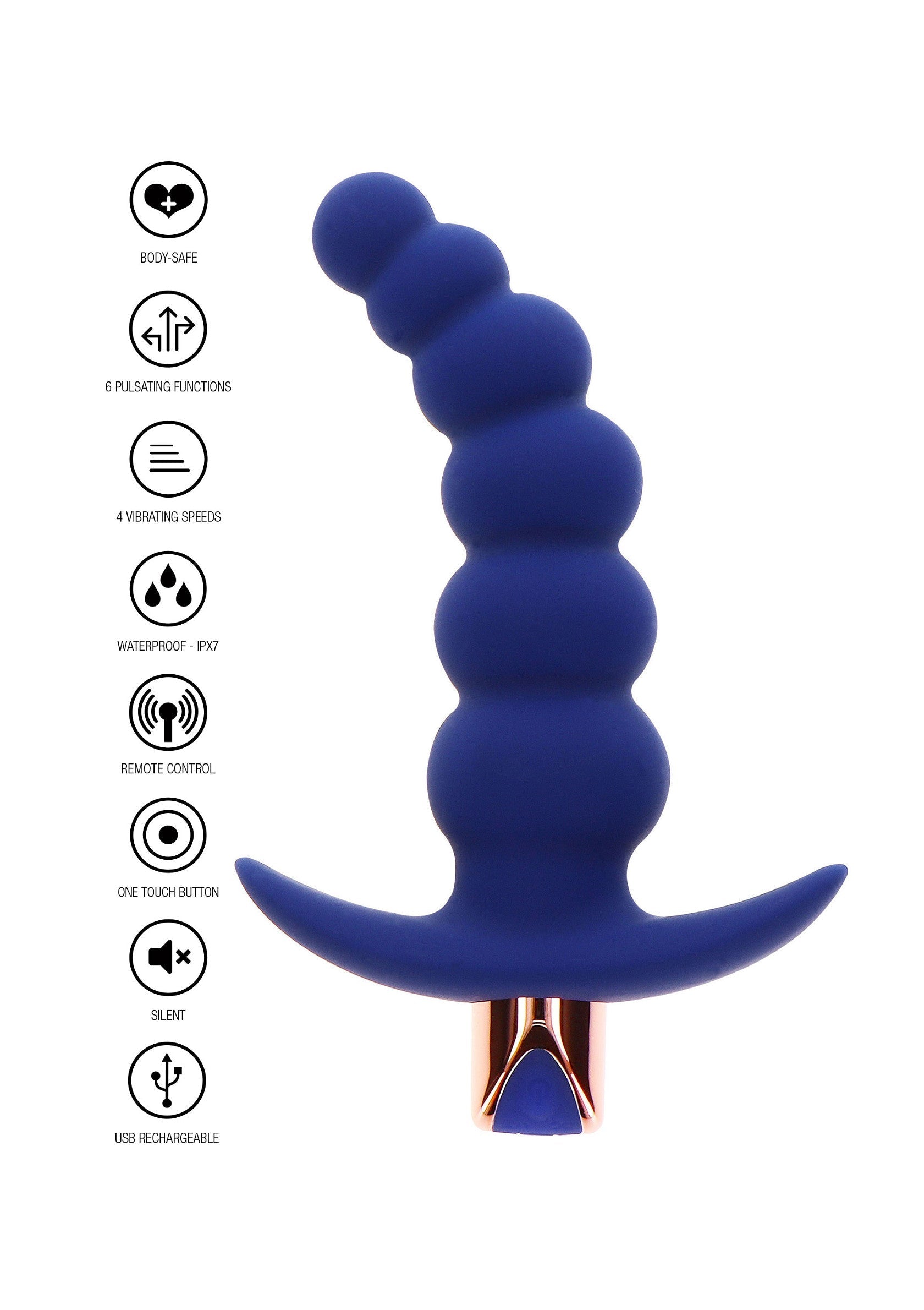 Plug anal bleu à billes avec base sécurisée. Télécommandé, rechargeable USB et étanche. Pour des sensations intenses et variées.; Blauwe anale buttplug met kralen en veilige basis. Afstandsbediening, USB-oplaadbaar en waterdicht. Voor intense en gevarieerde sensaties.; Blue beaded butt plug with secure base. Remote controlled, USB rechargeable, and waterproof. For intense and varied sensations.