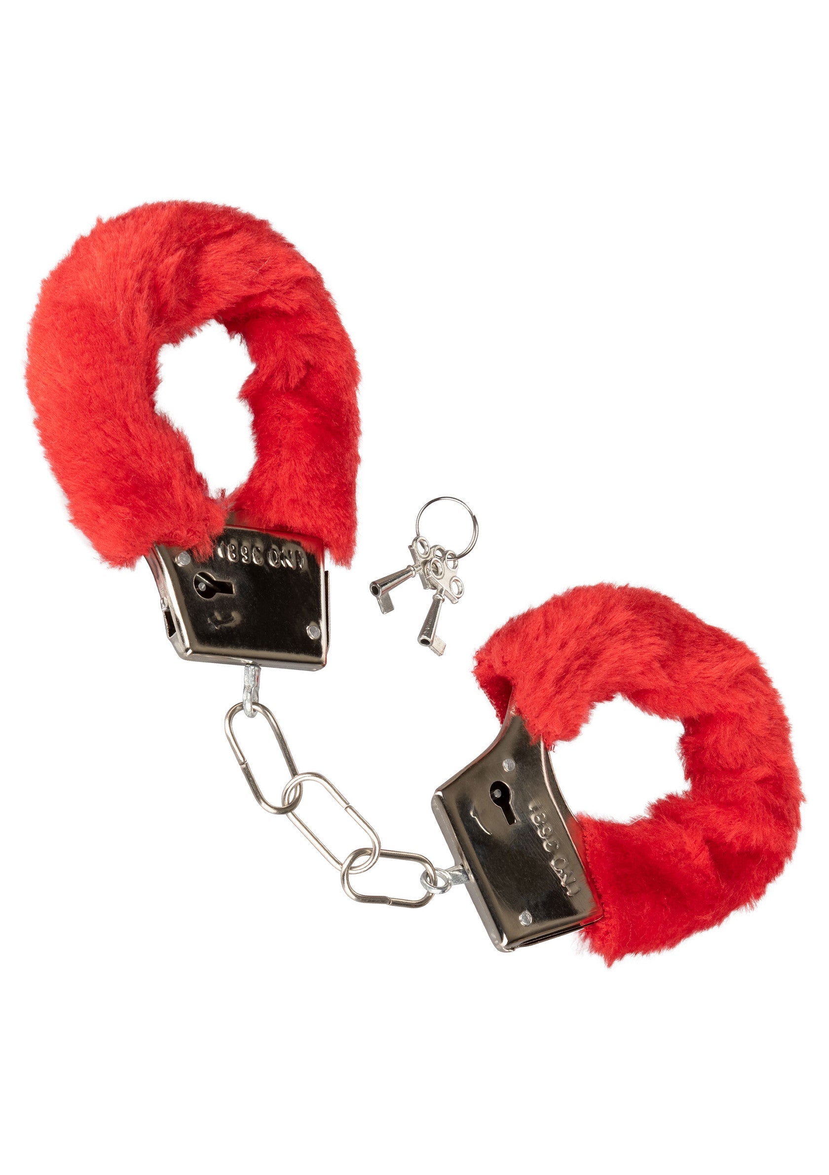 Menottes rouges en fourrure pour adultes, parfaites pour pimenter votre vie amoureuse.; Rode, zachte handboeien voor volwassenen, perfect om je liefdesleven mee op te fleuren.; Red furry handcuffs for adults, perfect to spice up your love life.