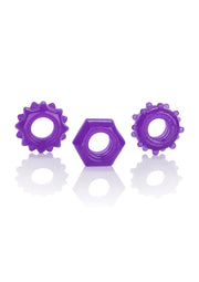 Ensemble de 3 anneaux péniens violets, pour plus de plaisir et de sensations. ; Set van 3 paarse penisringen voor meer plezier en sensatie.; Set of 3 purple penis rings for added pleasure and sensation.