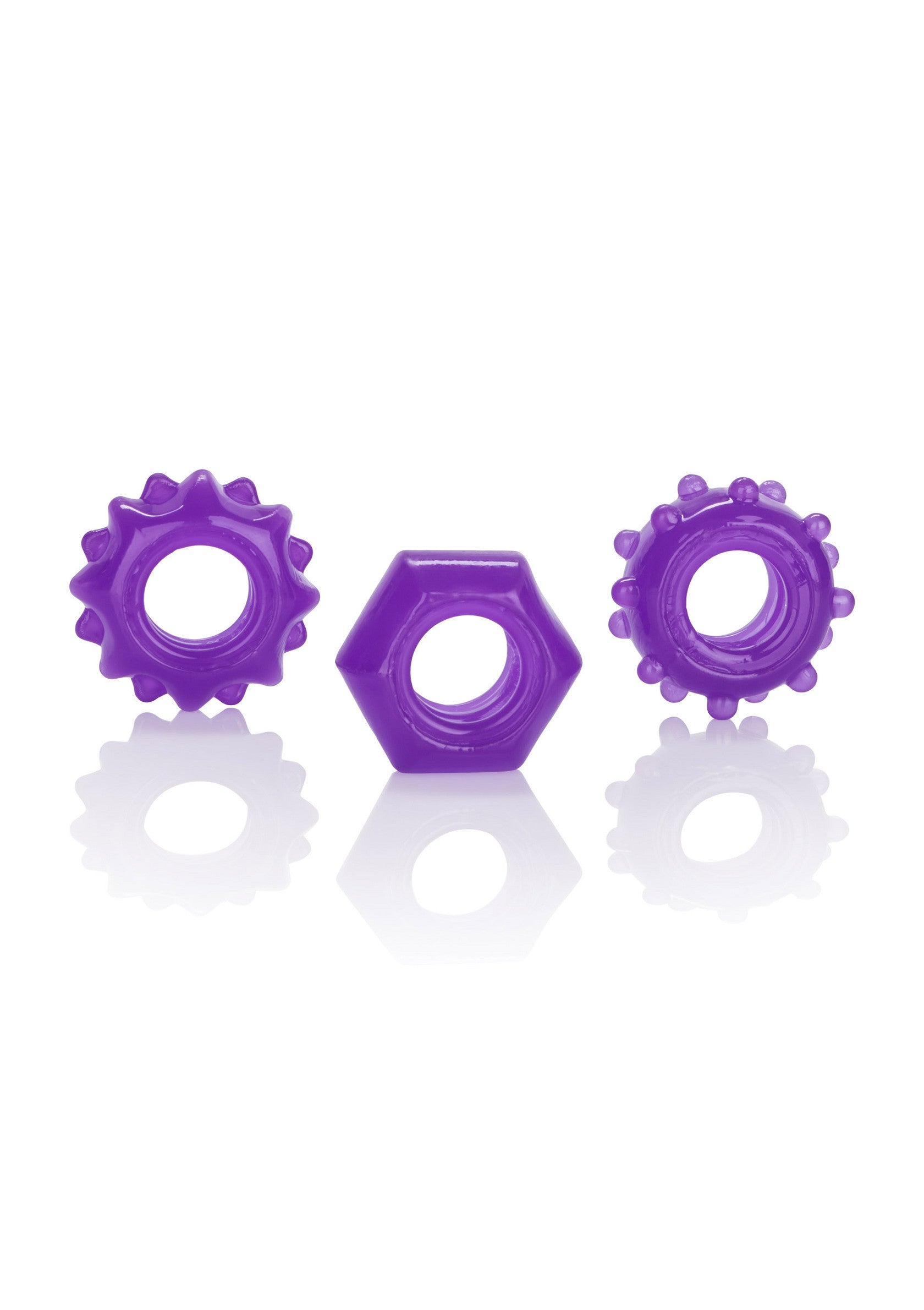Ensemble de 3 anneaux péniens violets, pour plus de plaisir et de sensations. ; Set van 3 paarse penisringen voor meer plezier en sensatie.; Set of 3 purple penis rings for added pleasure and sensation.