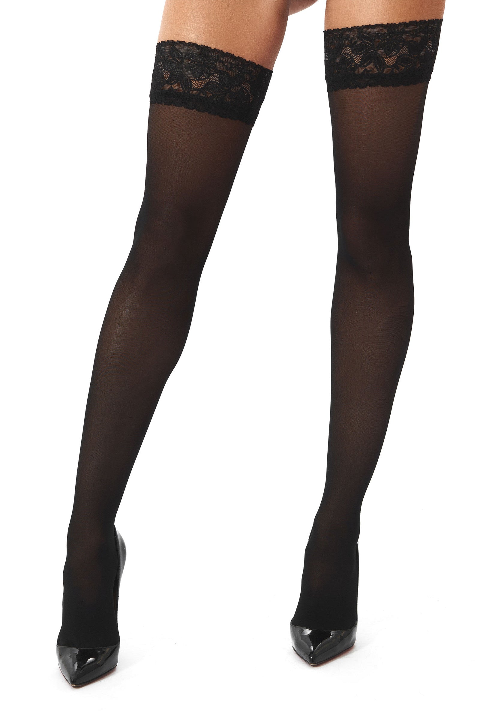 Bas autofixants noirs avec dentelle pour une allure élégante et séduisante.; Zwarte kousenbanden met kant voor een elegante en verleidelijke look.; Black lace top hold ups for an elegant and seductive look.