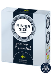 Préservatifs Mister Size 49 : taille adaptée pour un confort optimal. Extra fin, pour des sensations naturelles. Paquet de 3.; Mister Size condooms maat 49: perfect passende condooms voor optimaal comfort. Extra dun, voor natuurlijke sensaties. 3 stuks.; Mister Size 49 condoms: perfectly fitting condoms for optimum comfort. Extra fine, for natural sensations. Pack of 3.
