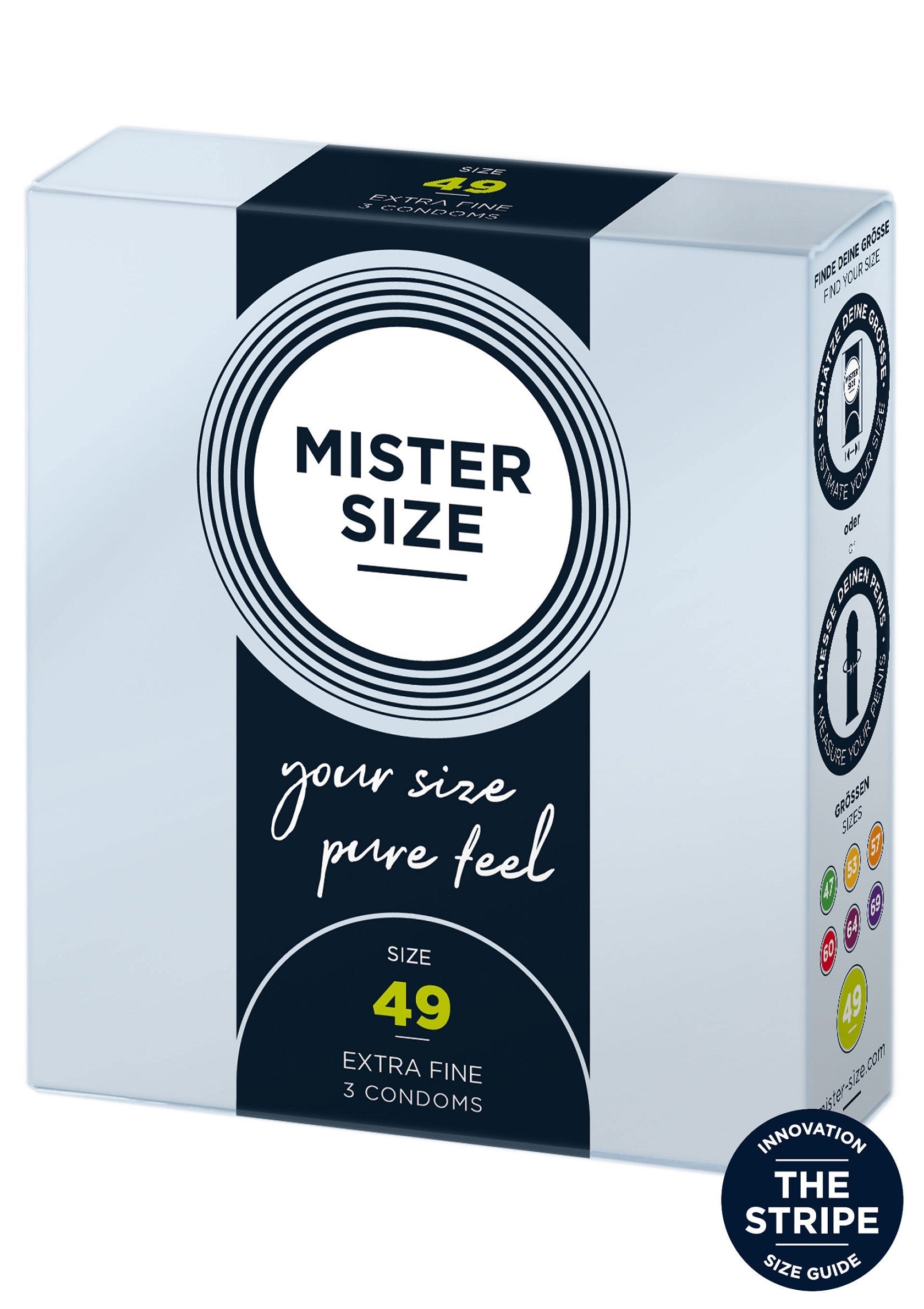 Préservatifs Mister Size 49 : taille adaptée pour un confort optimal. Extra fin, pour des sensations naturelles. Paquet de 3.; Mister Size condooms maat 49: perfect passende condooms voor optimaal comfort. Extra dun, voor natuurlijke sensaties. 3 stuks.; Mister Size 49 condoms: perfectly fitting condoms for optimum comfort. Extra fine, for natural sensations. Pack of 3.