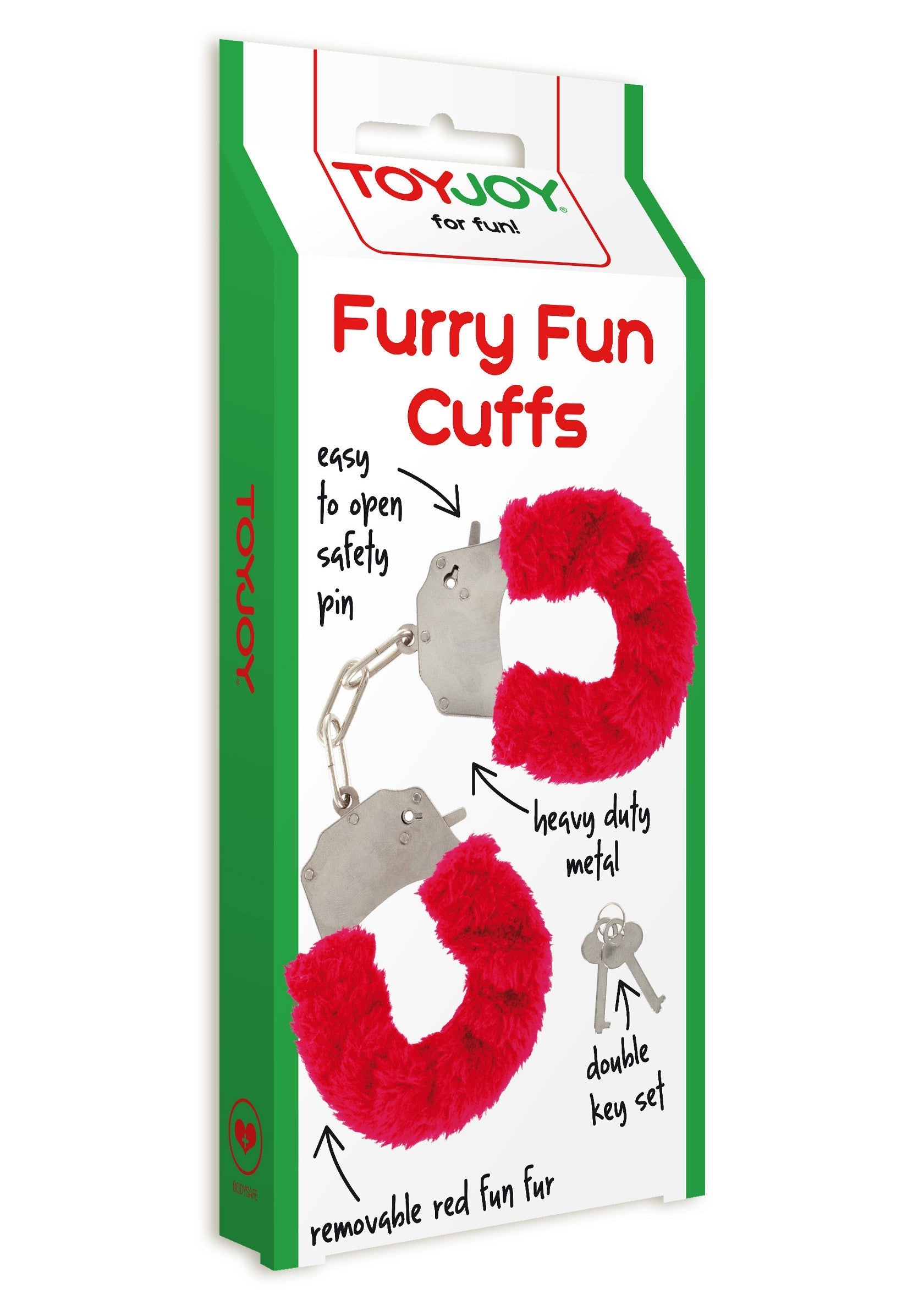 Menottes en métal avec fourrure rouge amovible pour plus de fun et de fantaisie. Set de clés inclus.; Metalen handboeien met afneembaar rood bont voor extra plezier en fantasie. Sleutelset inbegrepen.; Metal handcuffs with removable red fun fur for extra fun and fantasy. Key set included.