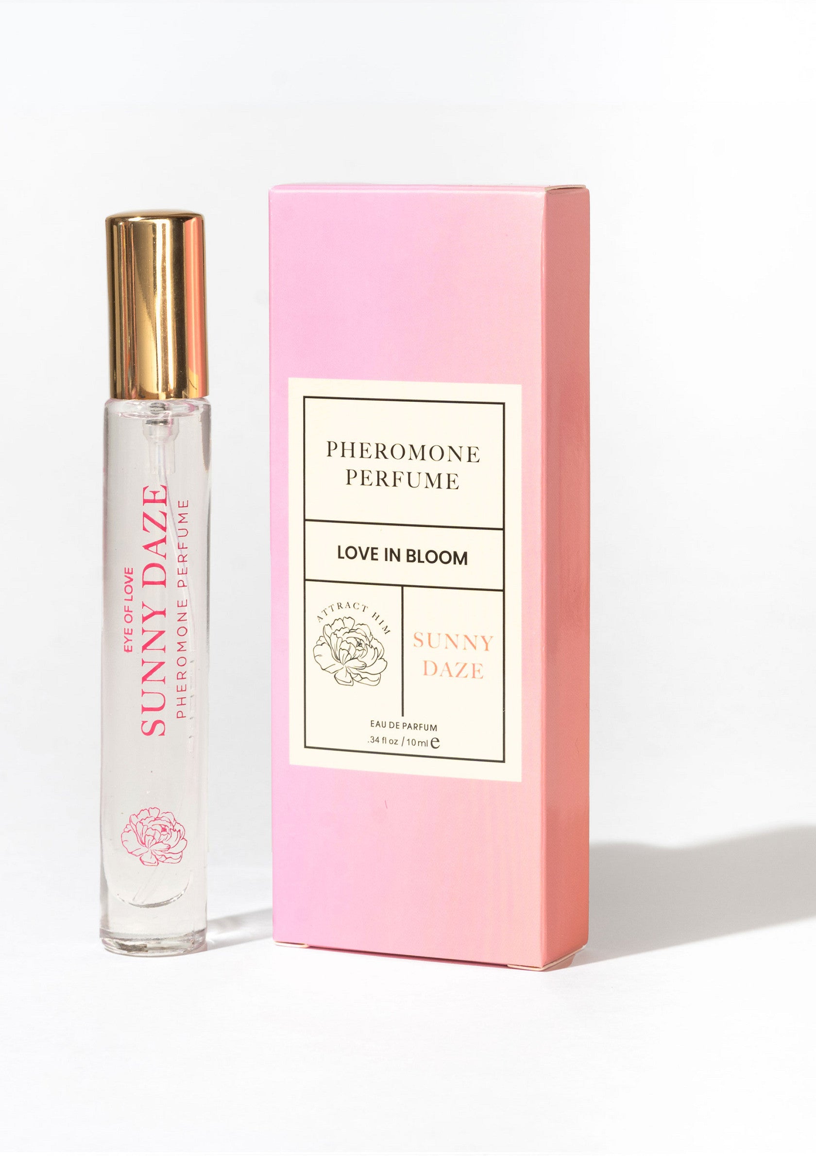 Parfum aux phéromones 'Sunny Daze' pour elle. Notes florales délicates dans un emballage rose élégant.; Feromonenparfum 'Sunny Daze' voor haar. Delicate bloemige tonen in een stijlvolle roze verpakking.; Pheromone perfume 'Sunny Daze' for her. Delicate floral notes in a stylish pink package.