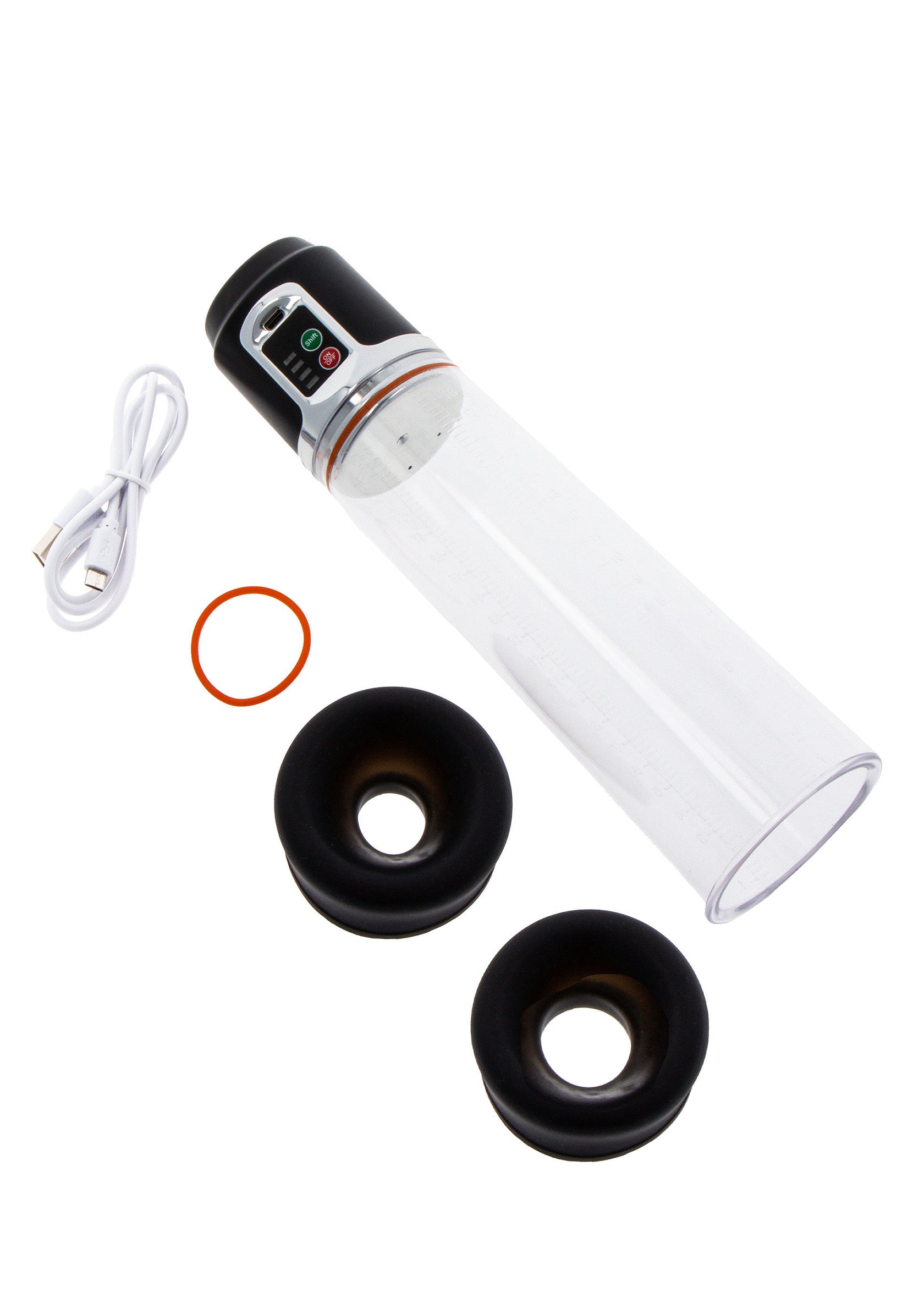Kit de pompe à pénis électrique pour homme, avec cylindre transparent et anneaux en silicone.; Elektrische penis pomp kit voor mannen, met transparante cilinder en siliconen ringen.; Electric penis pump kit for men, featuring a clear cylinder and silicone rings.