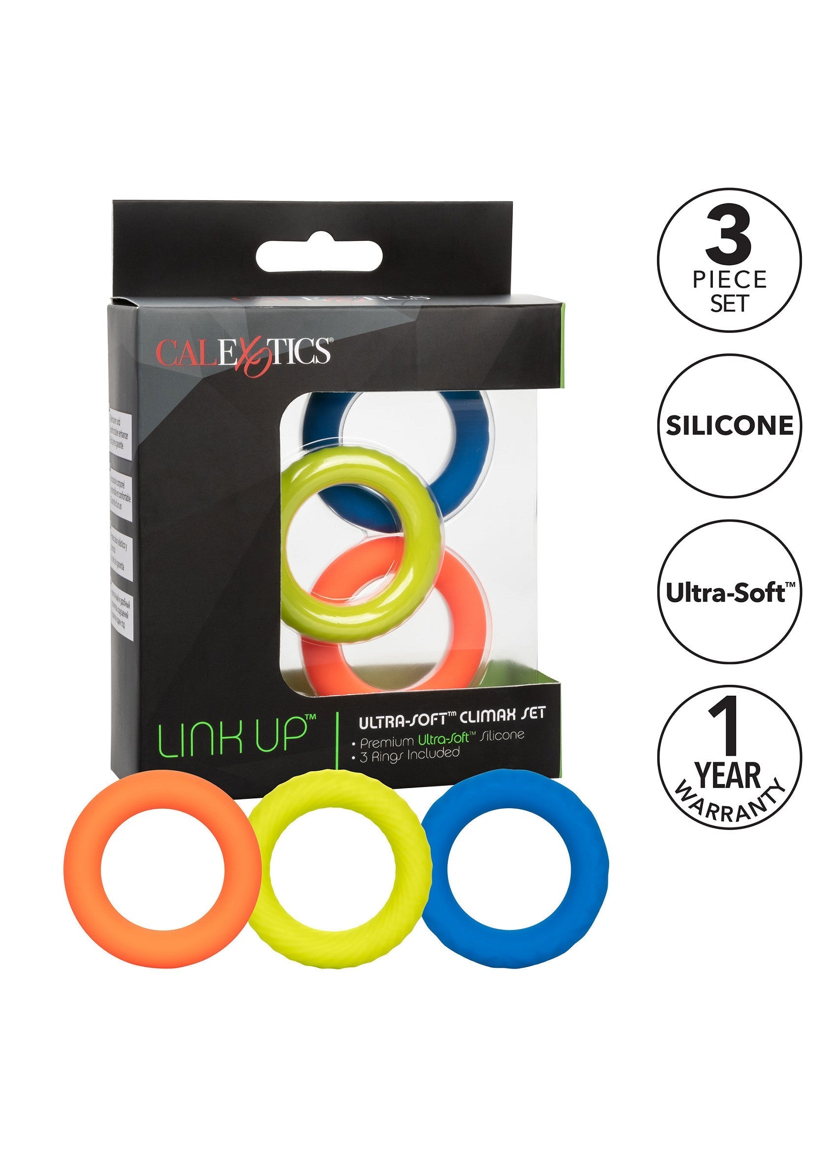 Ensemble de 3 anneaux péniens CalExotics Link Up. Ultra-doux, en silicone et avec garantie d'un an.; CalExotics Link Up penisringen set van 3. Ultra-zacht siliconen met een jaar garantie.; CalExotics Link Up 3-piece set of cock rings. Ultra-soft silicone with a one year warranty.