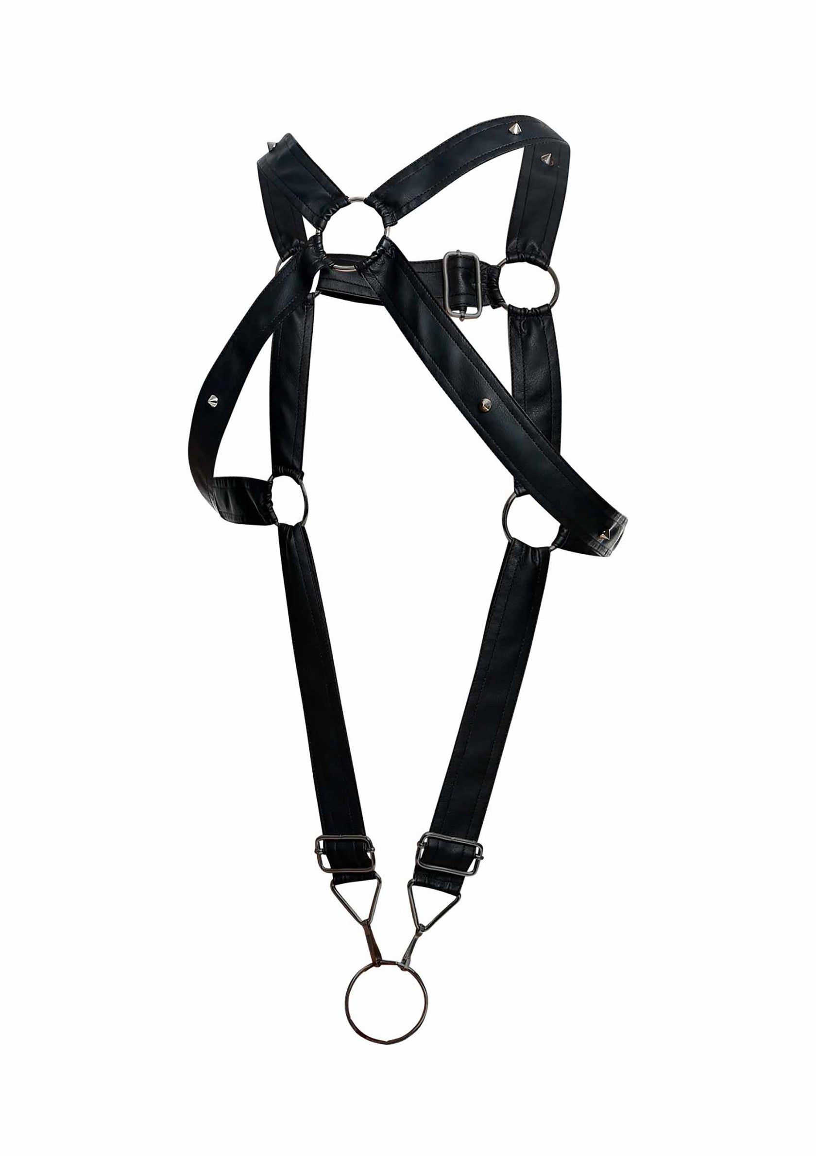 Harnais en cuir noir réglable avec anneaux en métal pour un style audacieux et sensuel.; Verstelbaar zwart leren harnas met metalen ringen voor een gedurfde en sensuele look.; Adjustable black leather harness with metal rings for a bold and sensual style.
