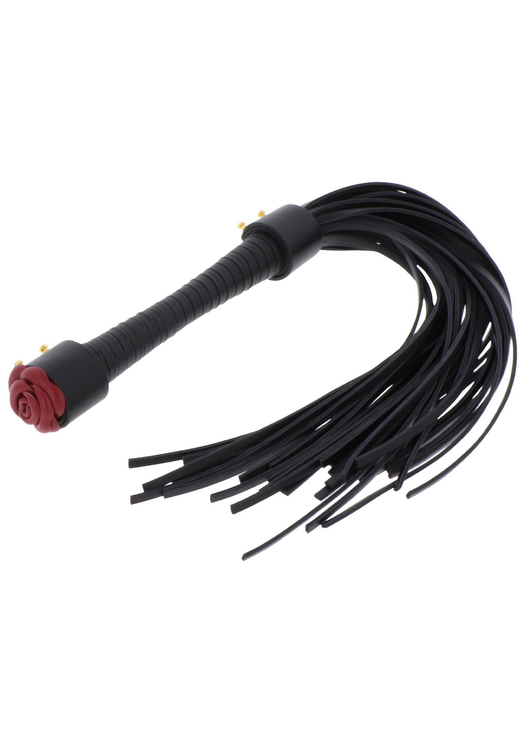 Cravache noire avec détail de rose rouge. Accessoire de jeu pour adultes pour pimenter votre vie amoureuse.; Zwarte zweep met rode roos detail. Volwassen speelgoedaccessoire om je liefdesleven mee op te fleuren.; Black flogger with red rose detail. Adult toy accessory to spice up your love life.