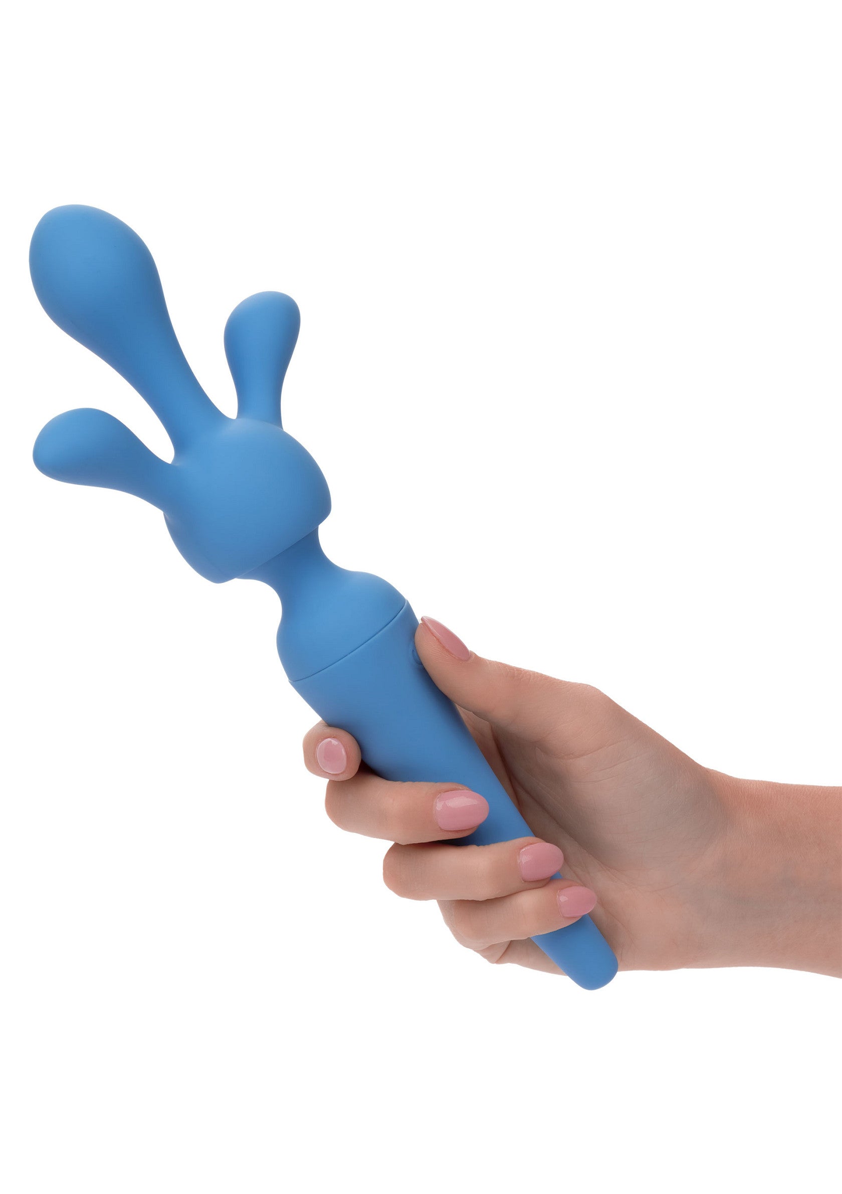 Vibromasseur bleu à tête multiple pour le plaisir féminin.; Blauwe vibrator met meerdere koppen voor vrouwelijk genot.; Blue multi-head vibrator for female pleasure.