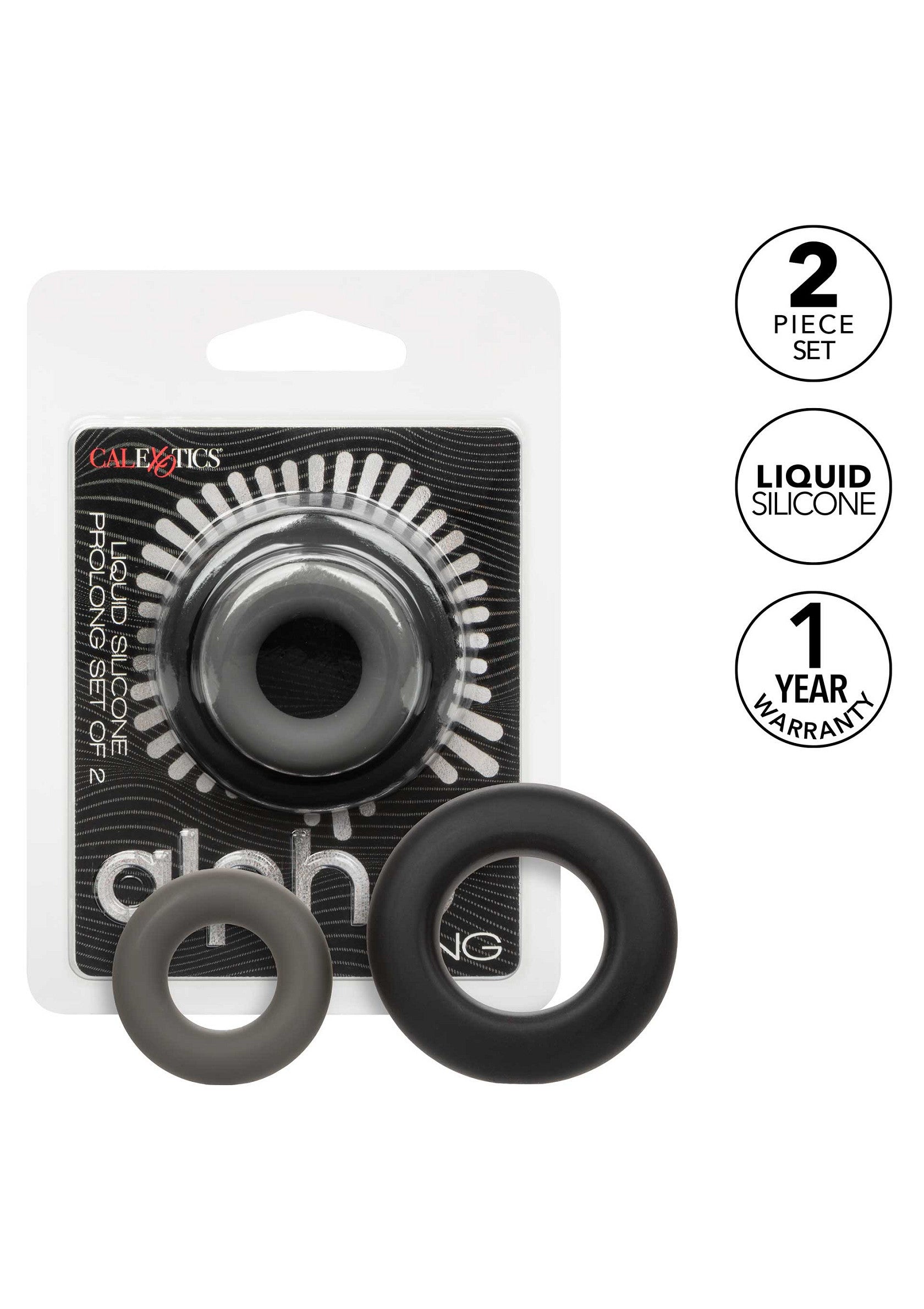 Anneaux péniens Calexotics prolongent la durée. Kit de 2 en silicone liquide. Découvrez le plaisir prolongé!; Calexotics penisringen verlengen de duur. Set van 2 in vloeibare siliconen. Ontdek verlengd genot!; Calexotics penis rings prolong the duration. Set of 2 in liquid silicone. Discover extended pleasure!