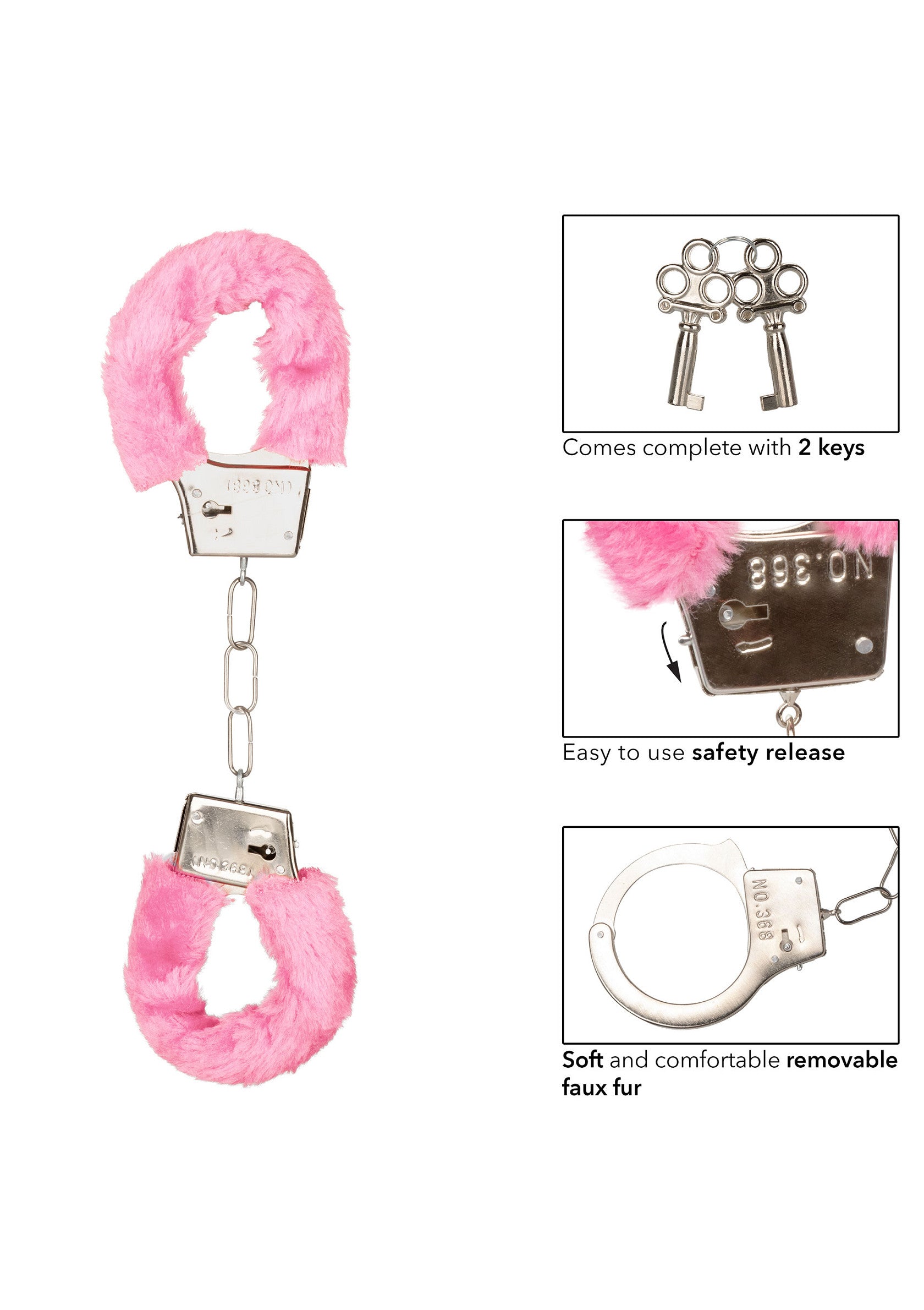 Menottes roses en fausse fourrure douce, parfaites pour pimenter votre vie amoureuse avec amusement et confort.; Roze, zachte pluche handboeien voor een speelse en comfortabele touch in je liefdesleven. Compleet met sleutels.; Pink soft faux fur handcuffs for a playful and comfortable touch to your love life. Complete with keys.