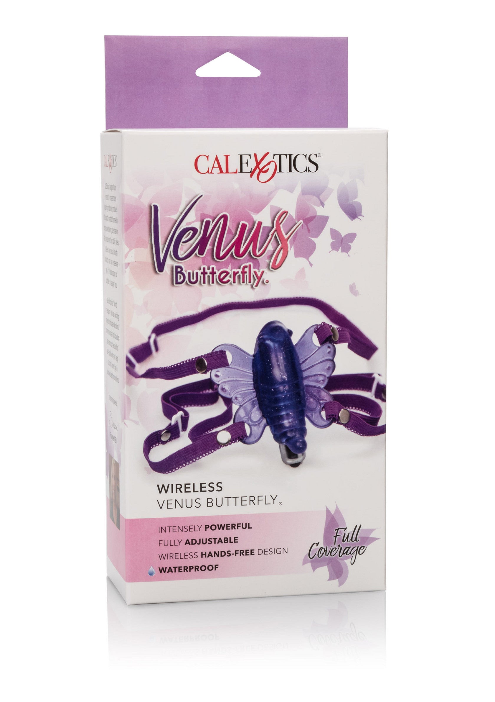 CalExotics Venus Butterfly : vibromasseur sans fil, mains libres et étanche pour une expérience intense.; CalExotics Venus Butterfly: draadloze, handsfree & waterdichte vibrator voor een intense ervaring.; CalExotics Venus Butterfly: Wireless, hands-free & waterproof vibrator for an intense experience.