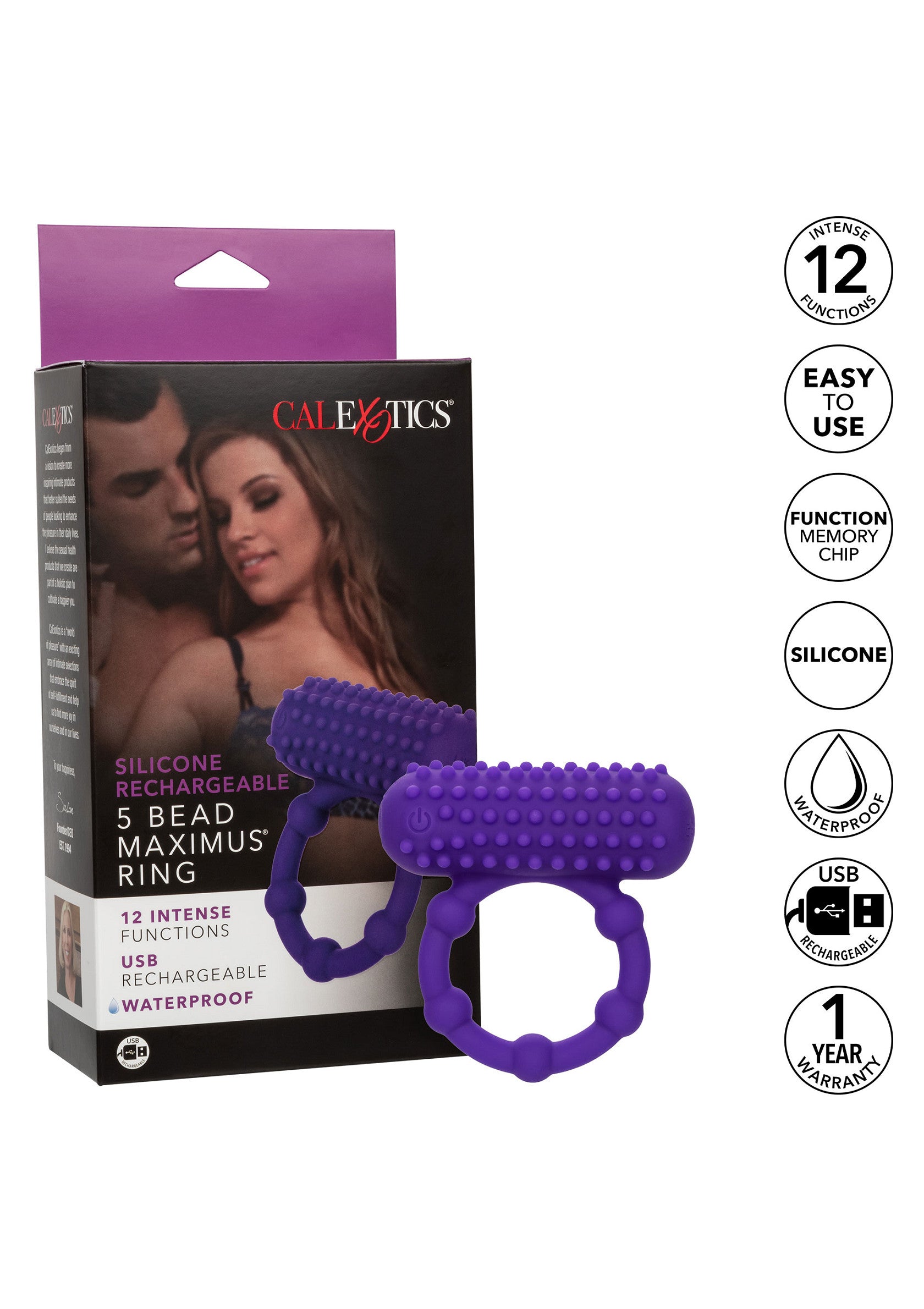Anneau pénien vibrant CalExotics 5 Bead Maximus, rechargeable USB, silicone. 12 fonctions intenses pour le plaisir.; CalExotics 5 Bead Maximus vibrerende penisring, USB oplaadbaar, siliconen. 12 intense functies voor plezier.; CalExotics 5 Bead Maximus vibrating cock ring, USB rechargeable, silicone. 12 intense functions for pleasure.