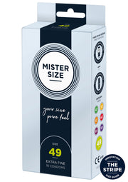 Préservatifs Mister Size 49: extra fins, pour un confort optimal et une sensation naturelle. Trouvez votre taille idéale!; Mister Size 49 condooms: extra dun, voor optimaal comfort en een natuurlijk gevoel. Vind jouw perfecte maat!; Mister Size 49 condoms: extra fine, for optimal comfort and a natural feel. Find your perfect fit!