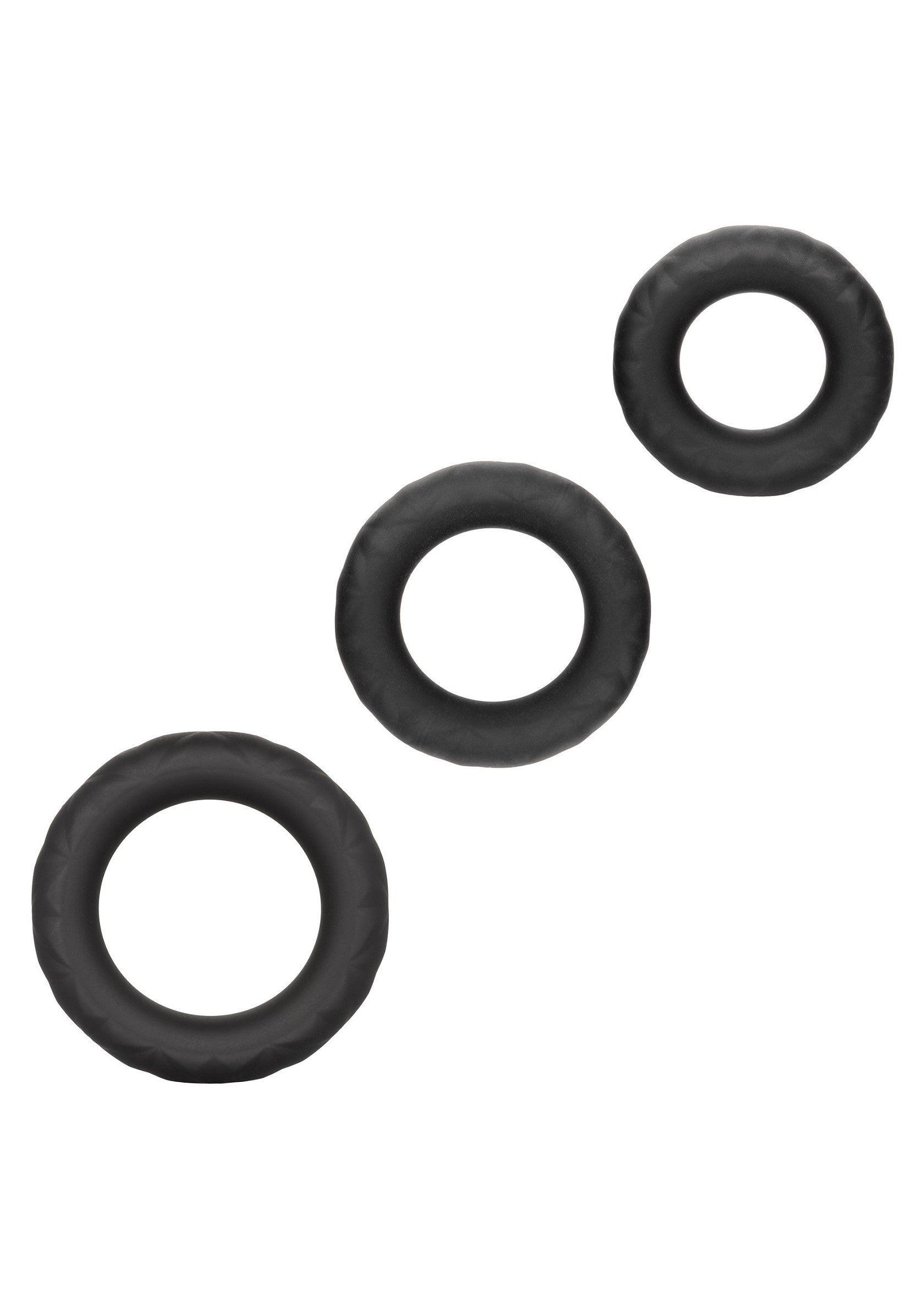 Lot de 3 anneaux péniens noirs pour une expérience intense et durable. ; Set van 3 zwarte penisringen voor een intense en langdurige ervaring.; Set of 3 black cock rings for an intense and long-lasting experience.