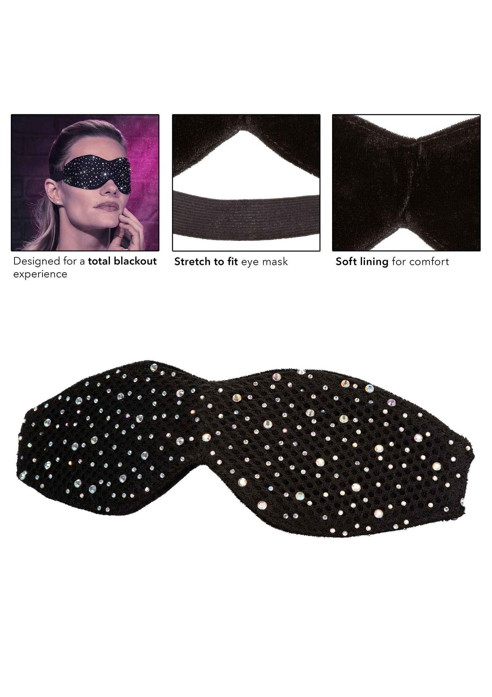 Masque de sommeil noir avec strass. Blocage de lumière total et doublure douce pour un confort optimal.; Zwart slaapmasker met strass-steentjes. Totale verduistering en zachte voering voor optimaal comfort.; Black sleep mask with rhinestones. Total blackout and soft lining for optimal comfort.